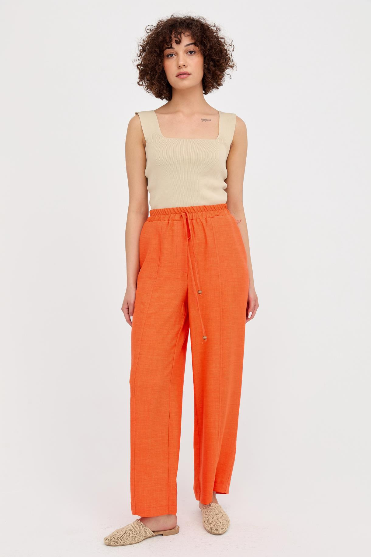 Beli Lastikli Bol Paça Keten Pantolon - ORANJE