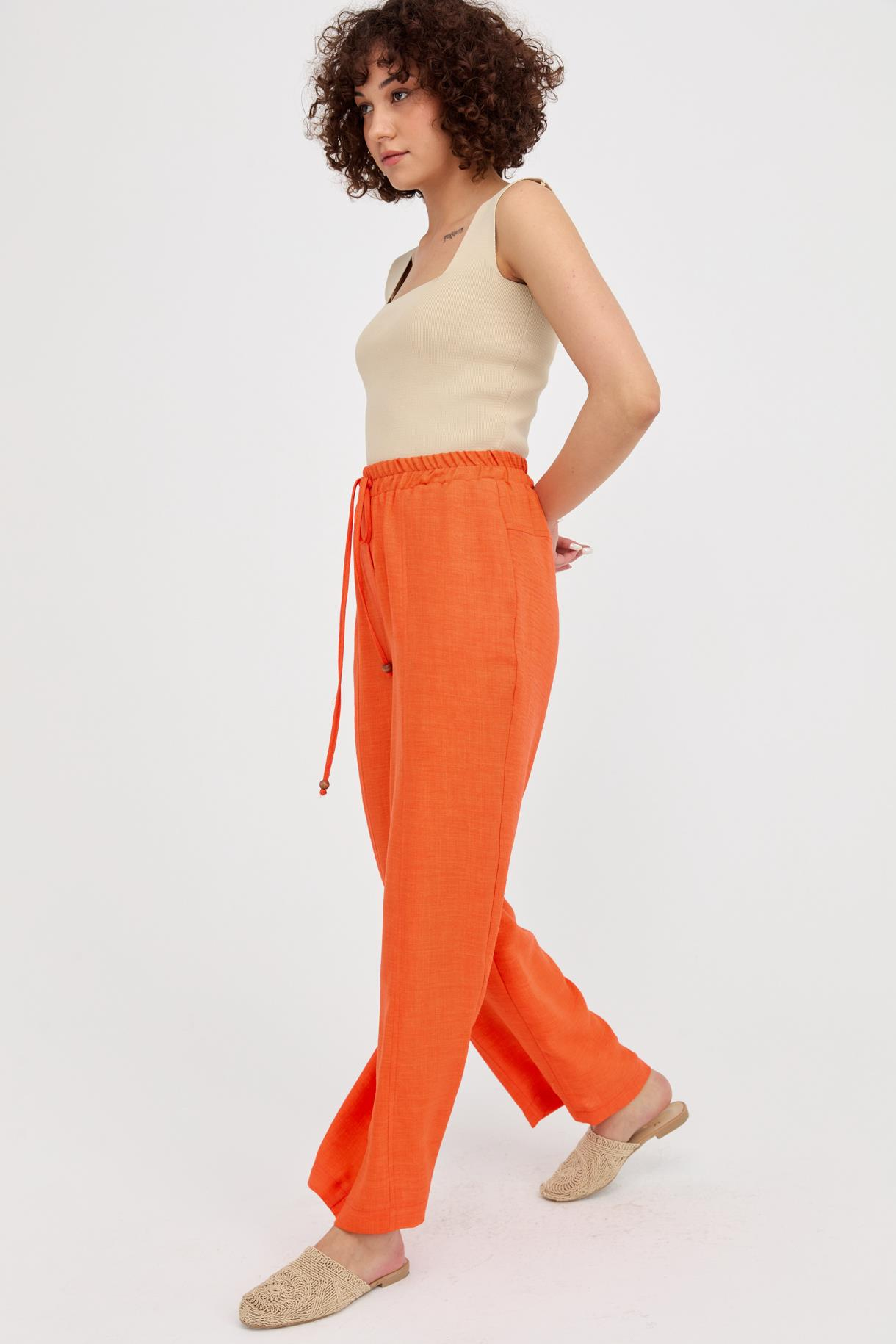 Beli Lastikli Bol Paça Keten Pantolon - ORANJE