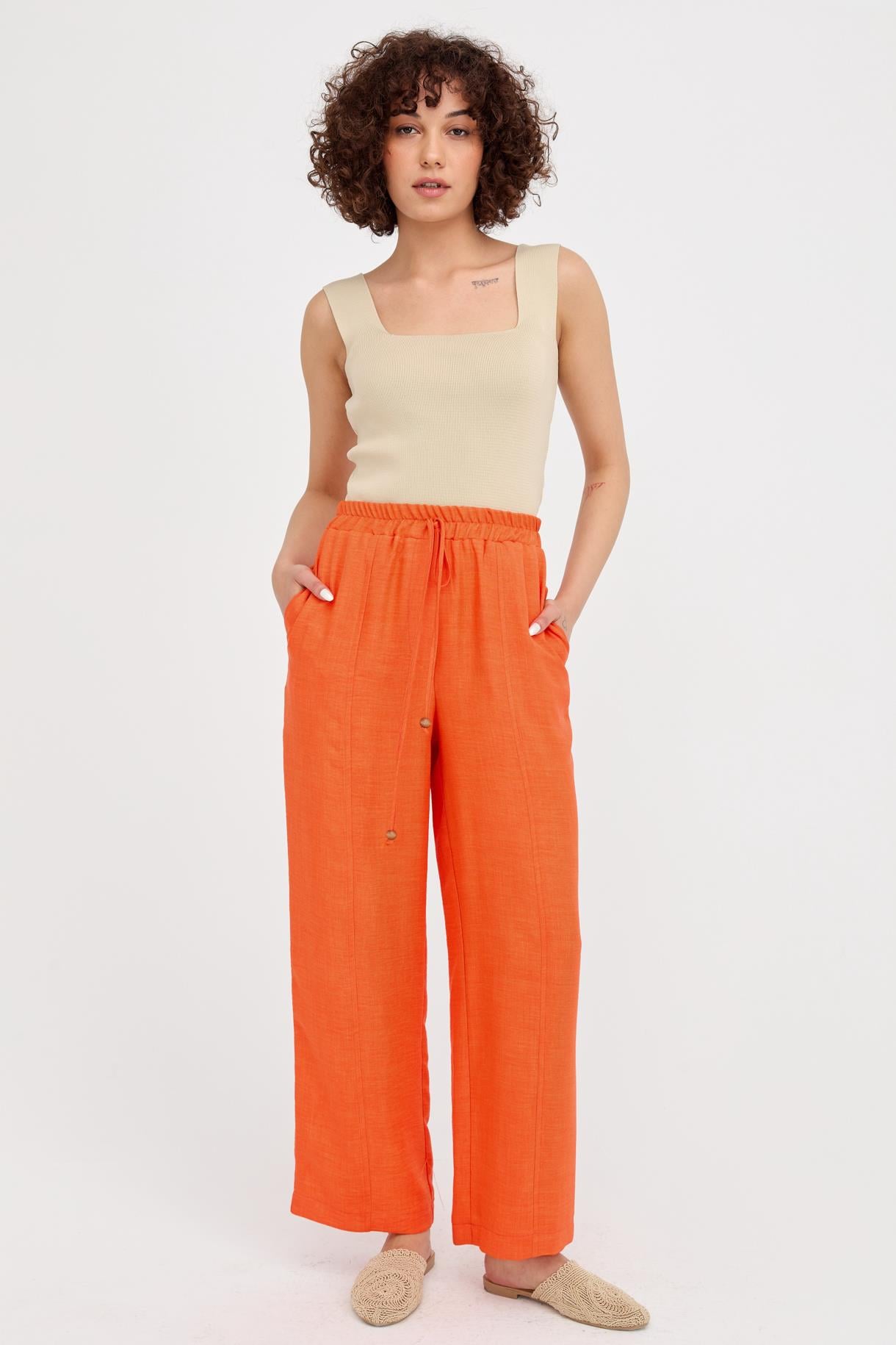 Beli Lastikli Bol Paça Keten Pantolon - ORANJE