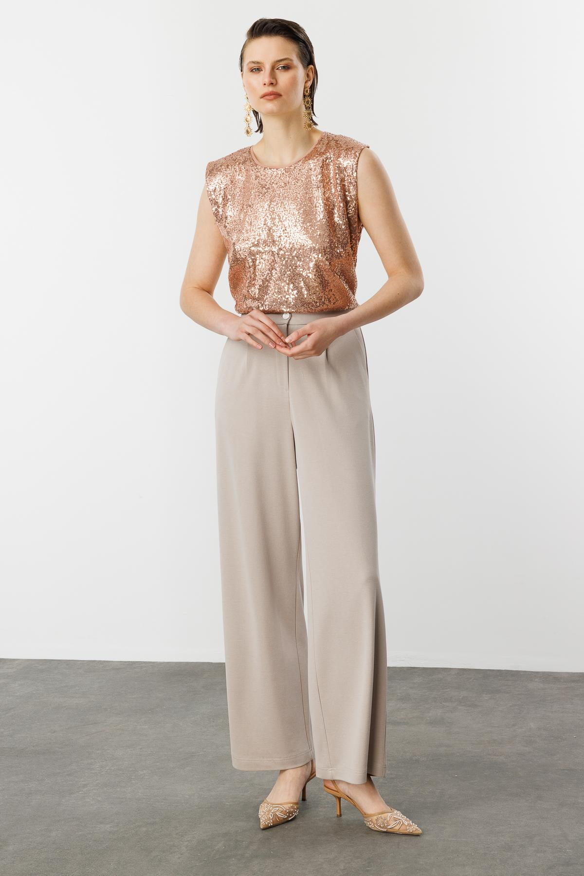 Beli Lastikli Bol Paça Pantolon-BEJ