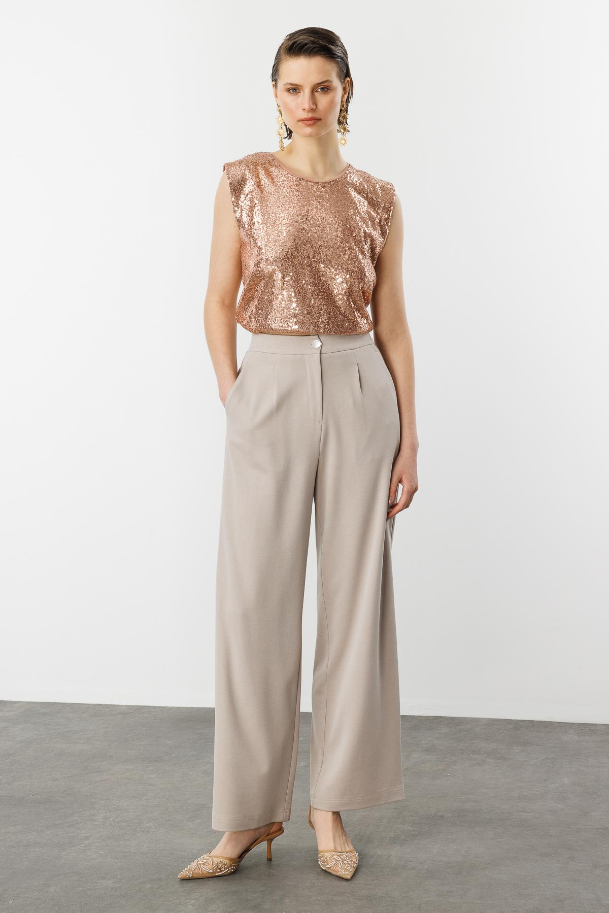 Beli Lastikli Bol Paça Pantolon-BEJ