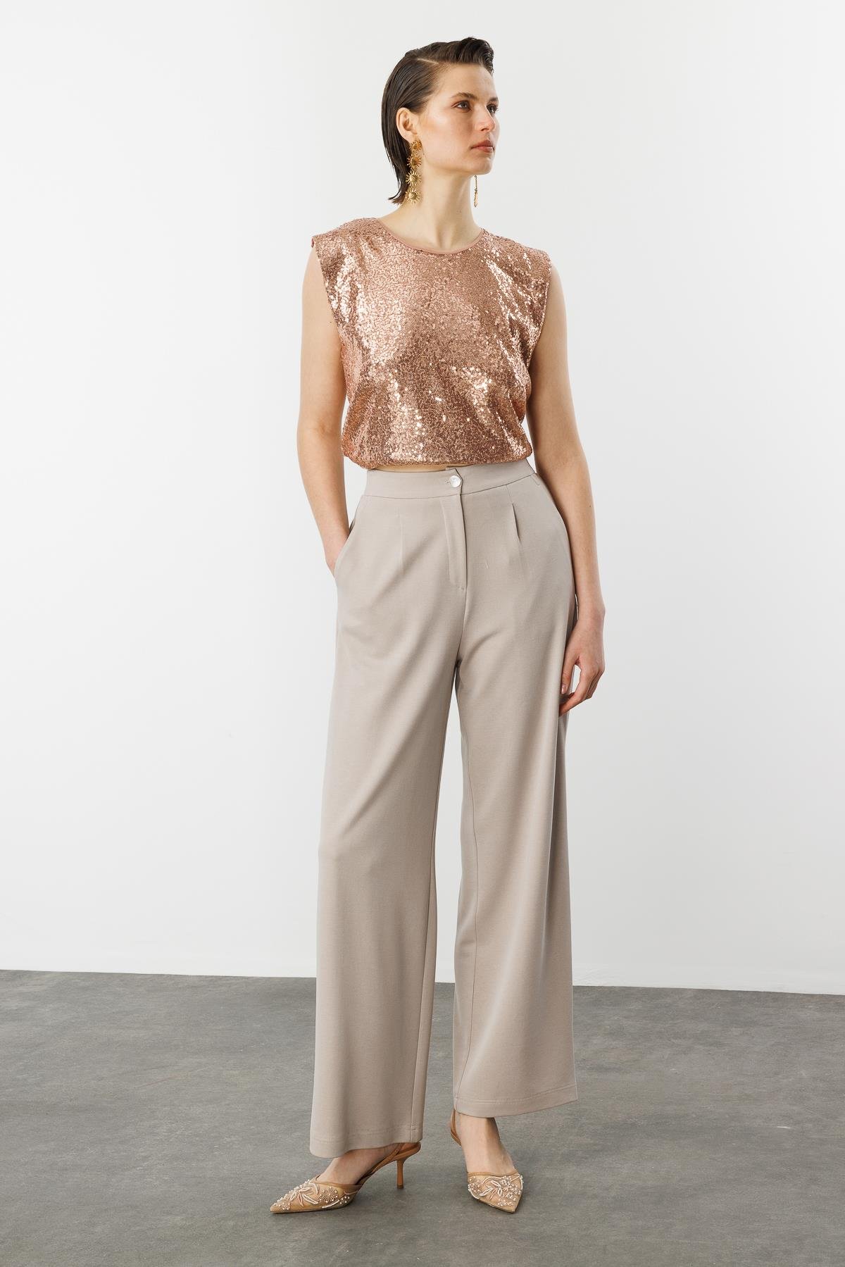 Beli Lastikli Bol Paça Pantolon-BEJ