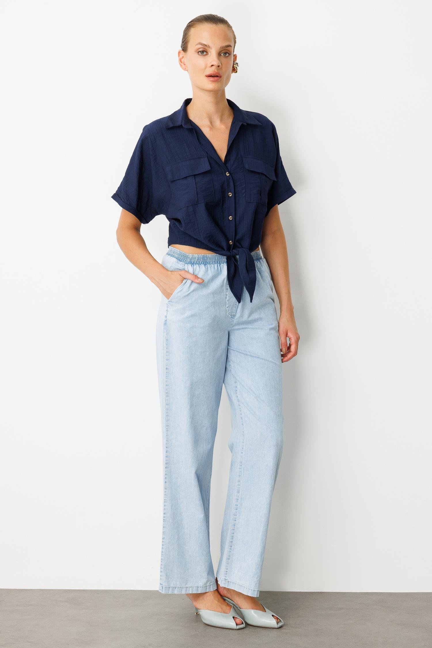 Beli Lastikli Bol Paça Pantolon-MAVİ