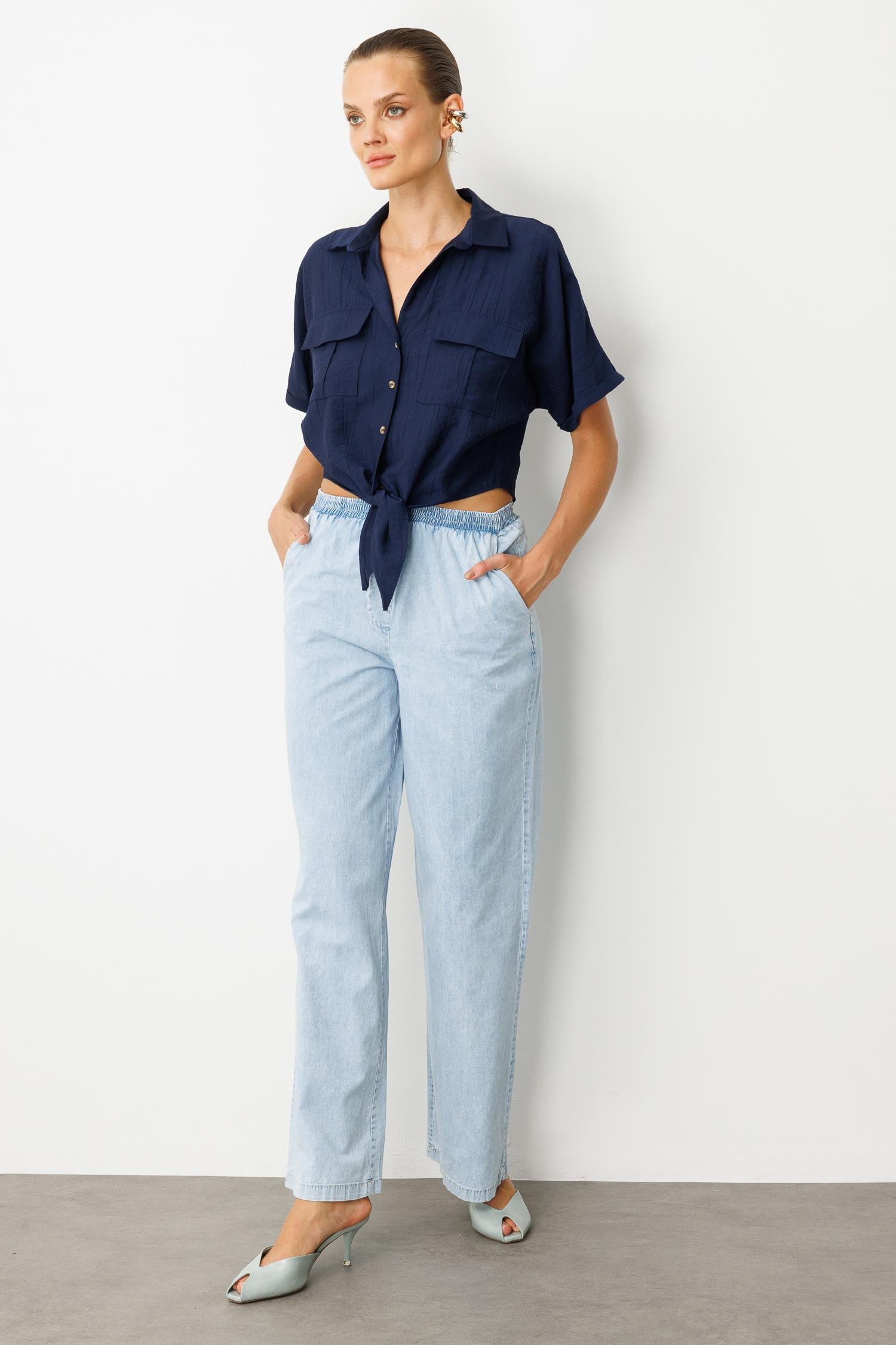 Beli Lastikli Bol Paça Pantolon-MAVİ