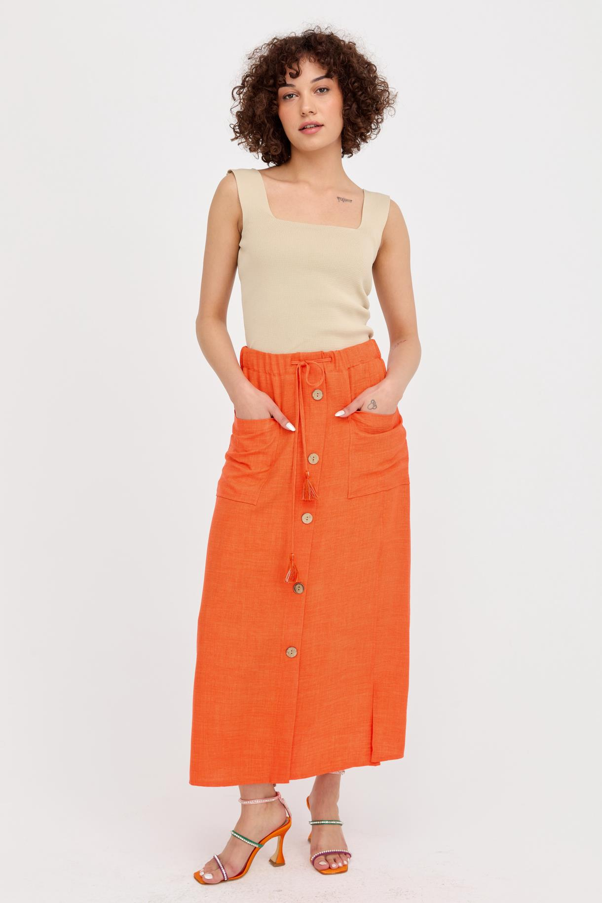 Beli Lastikli Düğmeli Etek - ORANJE