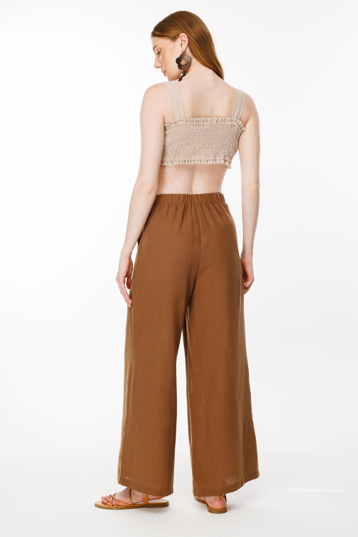 Beli Lastikli Geniş Paça Keten Pantolon - KAHVE