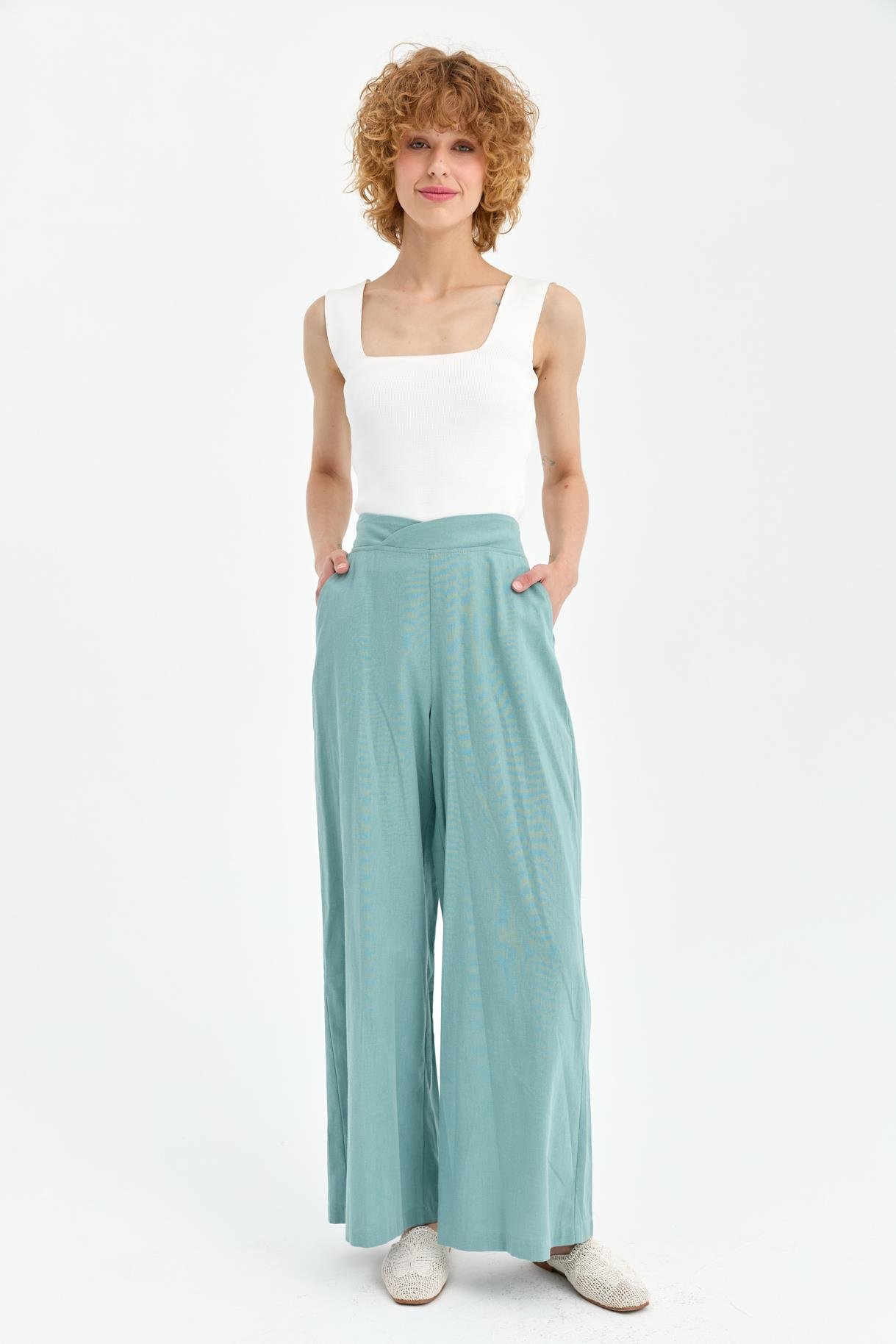 Beli Lastikli Geniş Paça Keten Pantolon - MINT