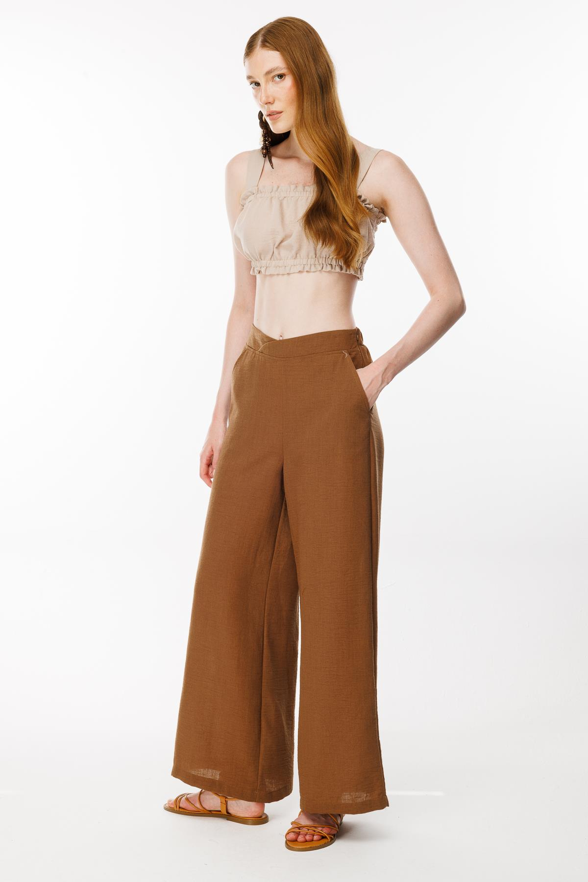 Beli Lastikli Geniş Paça Keten Pantolon - KAHVE