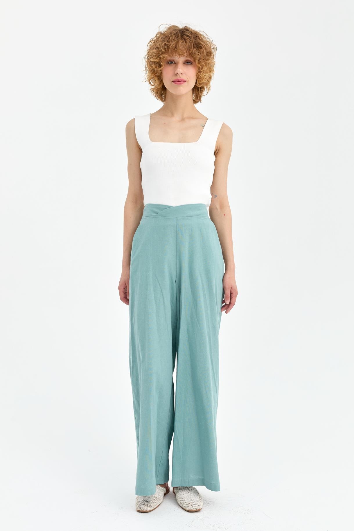 Beli Lastikli Geniş Paça Keten Pantolon - MINT