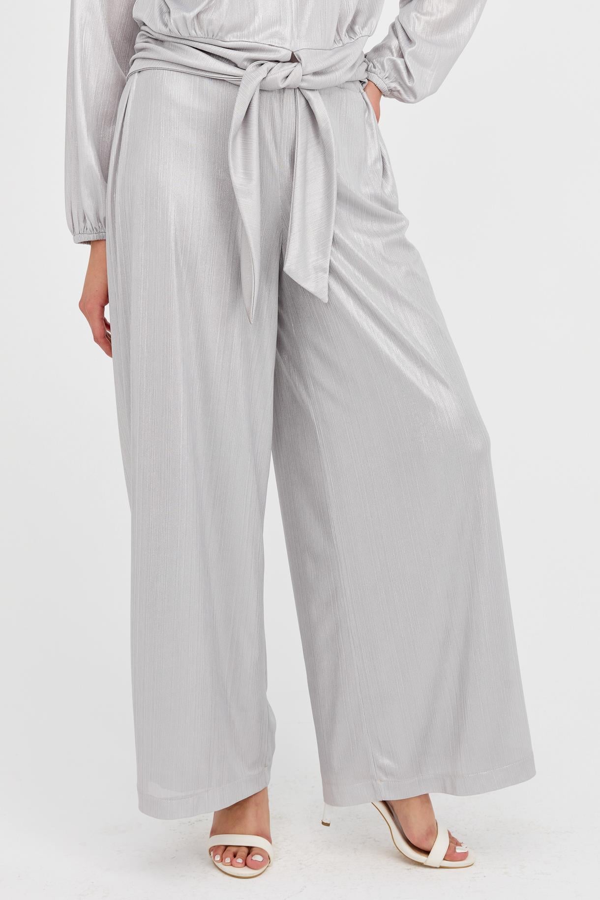 Beli Lastikli Geniş Paça Simli Pantolon - GÜMÜŞ