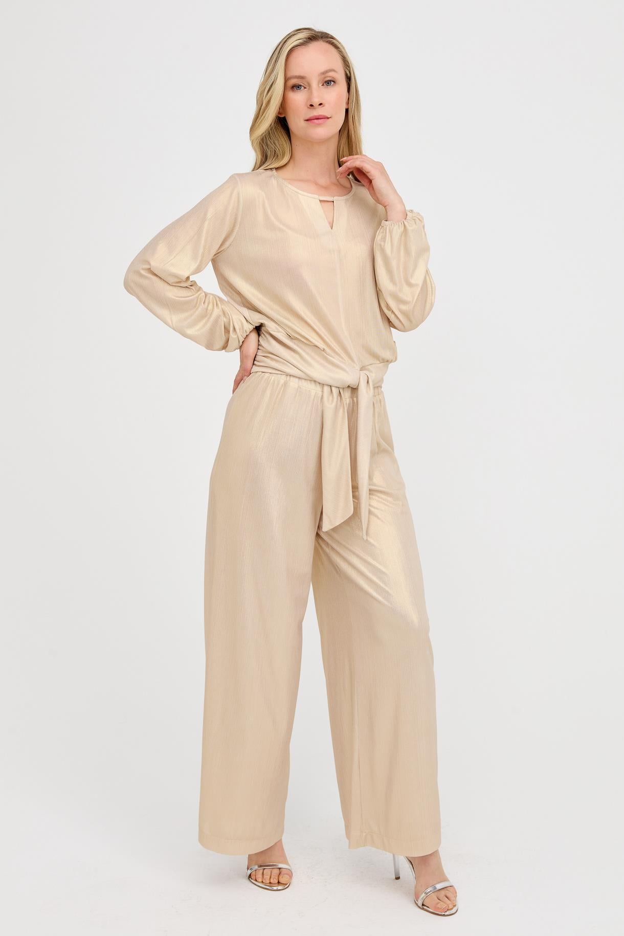 Beli Lastikli Geniş Paça Simli Pantolon - GOLD