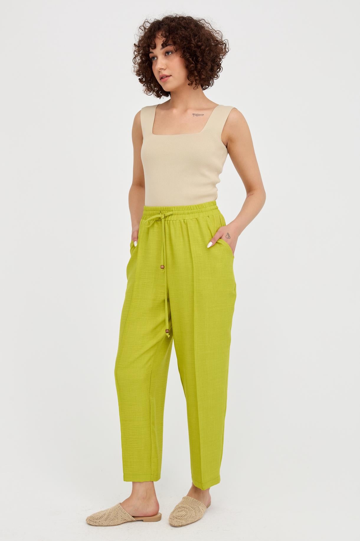 Beli Lastikli Havuç Keten Pantolon - FISTIK YEŞİLİ