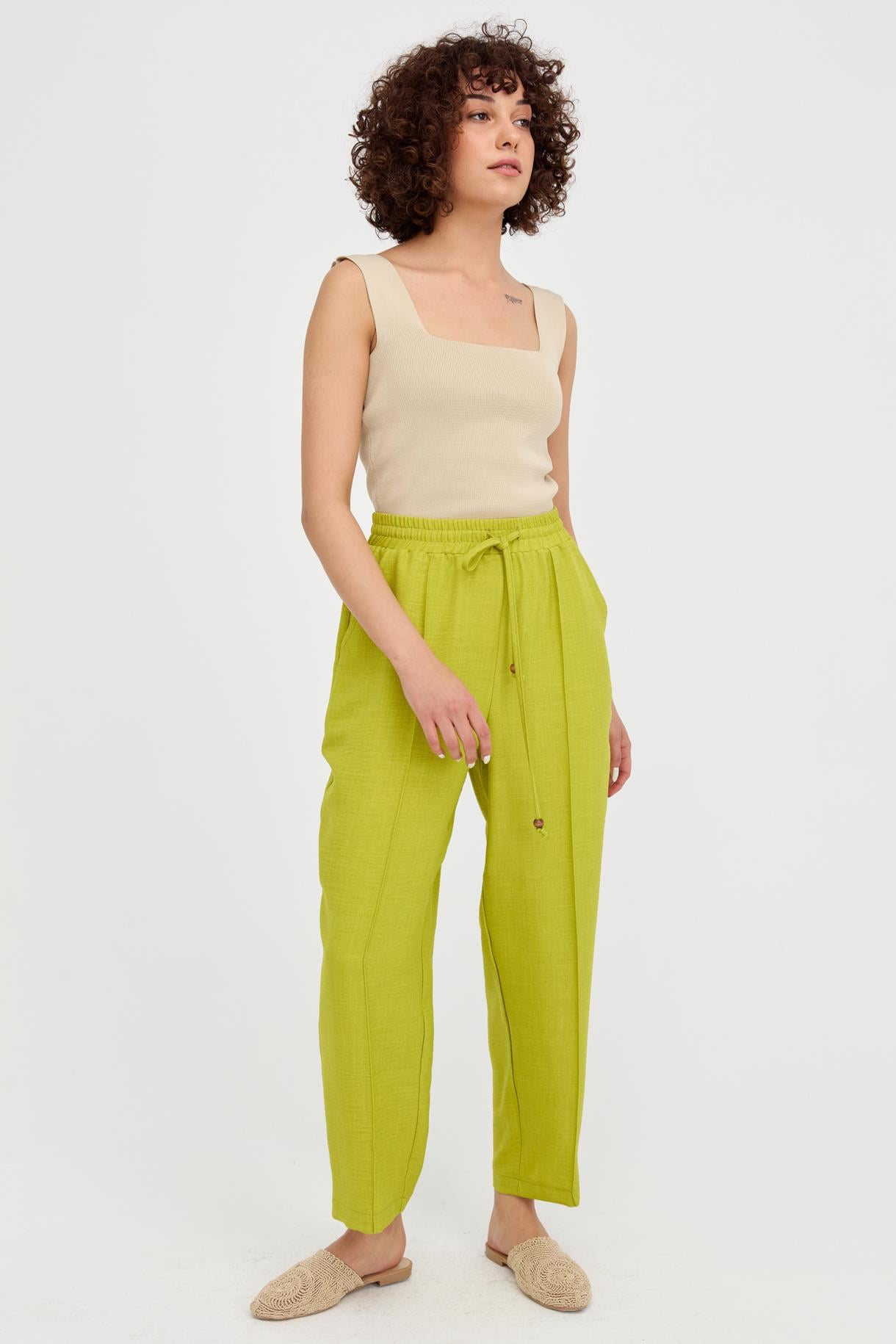 Beli Lastikli Havuç Keten Pantolon - FISTIK YEŞİLİ