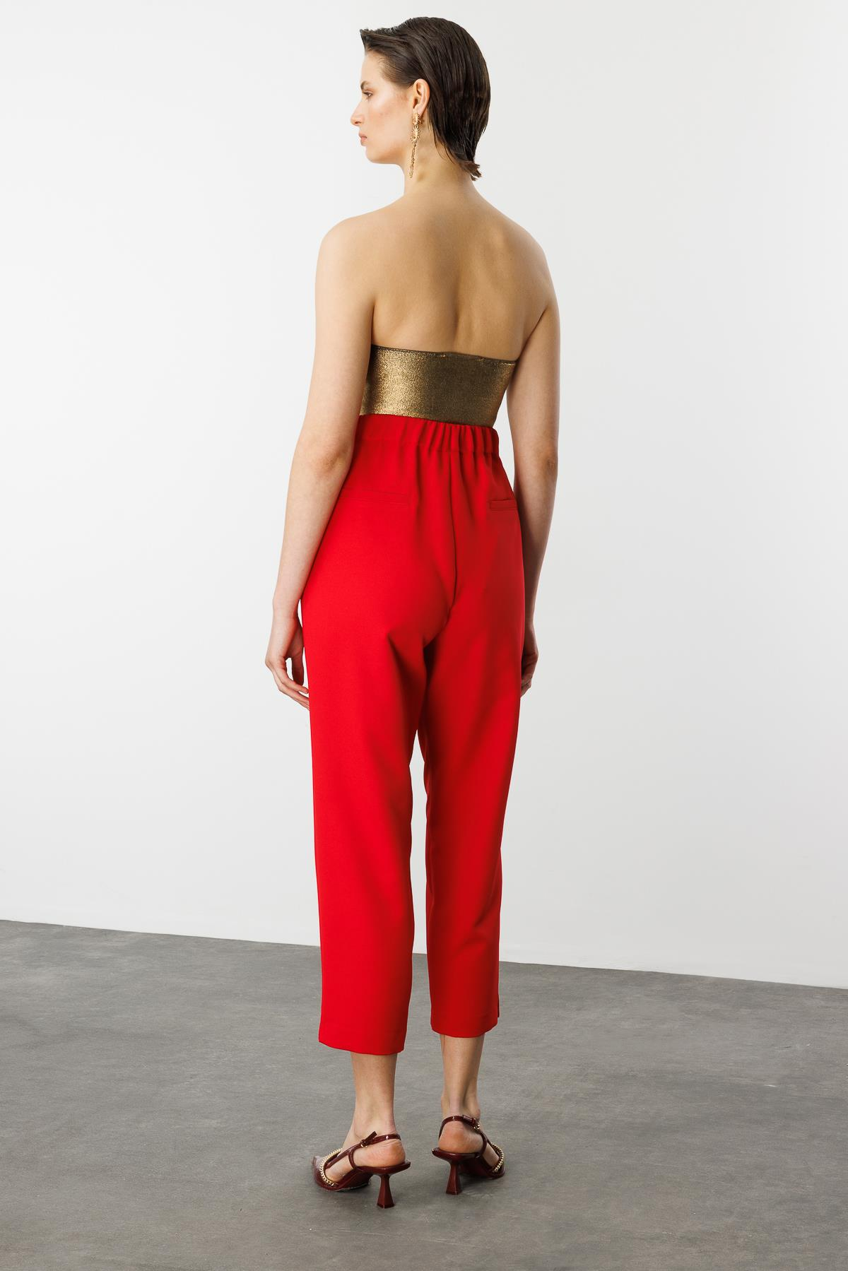 Beli Lastikli Kalın Pileli Pantolon-KIRMIZI