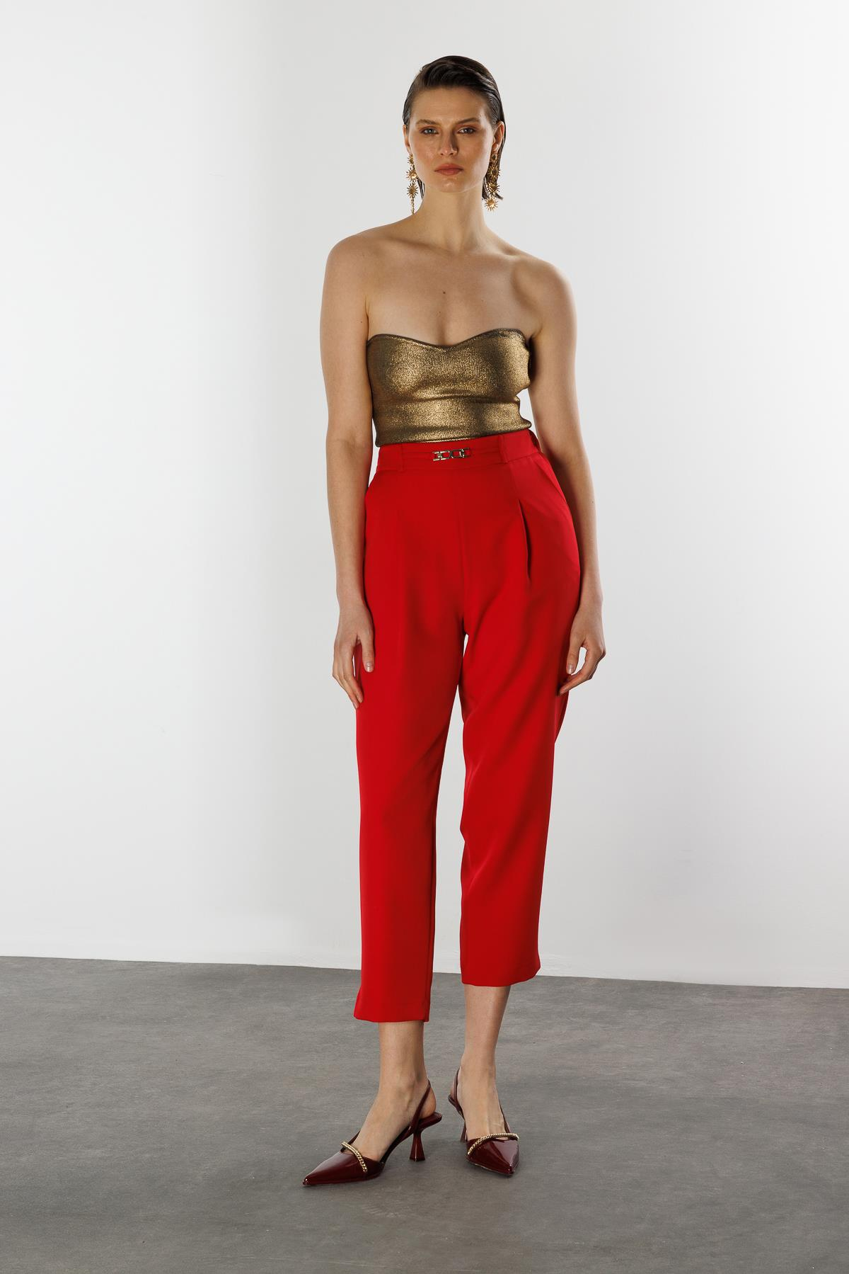 Beli Lastikli Kalın Pileli Pantolon-KIRMIZI