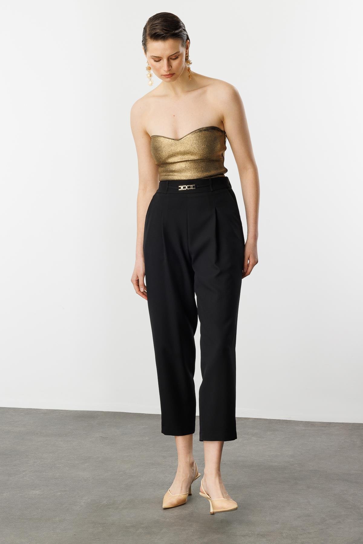 Beli Lastikli Kalın Pileli Pantolon-SİYAH