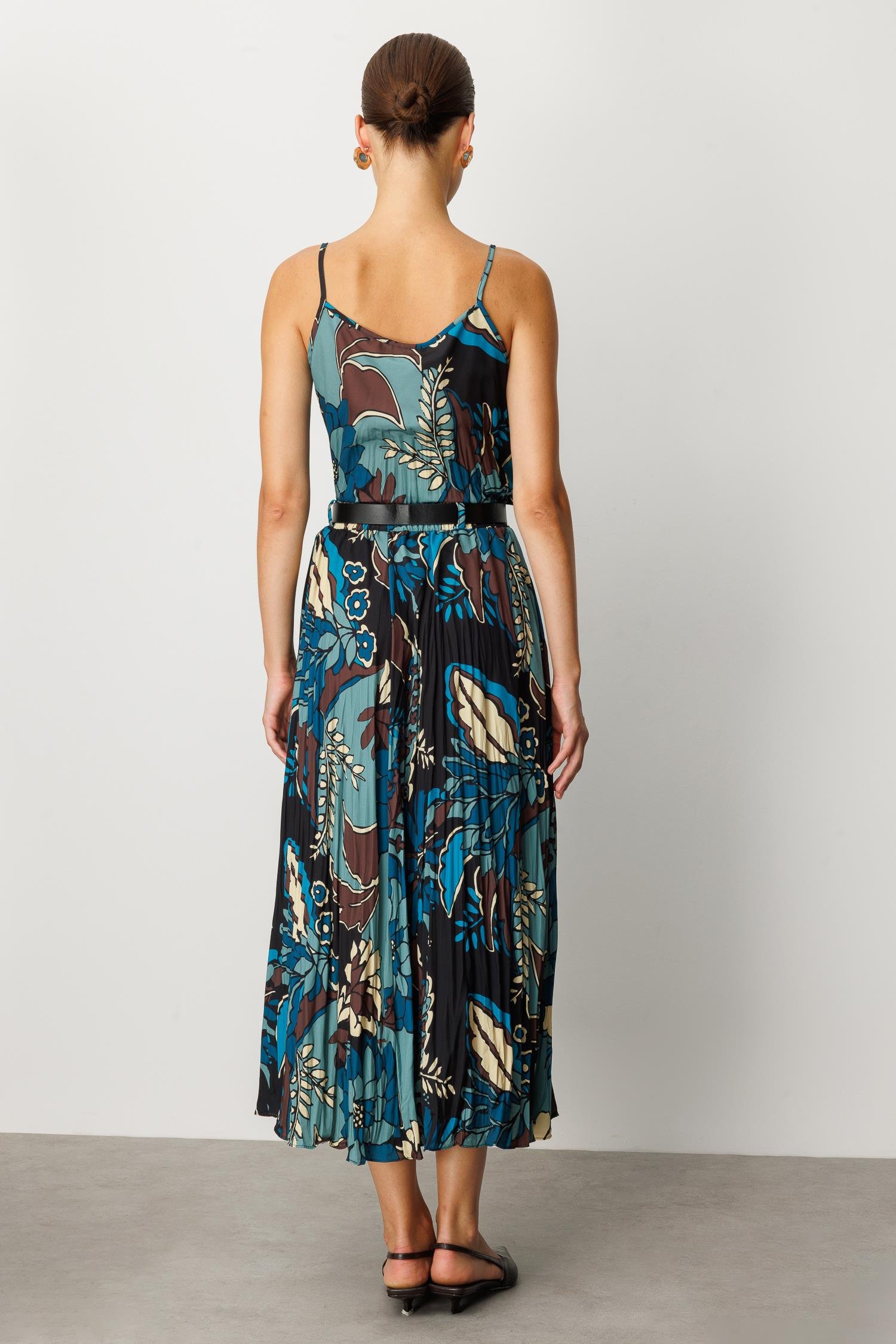 Beli Lastikli Kendinden Desenli Uzun Etek-PETROL