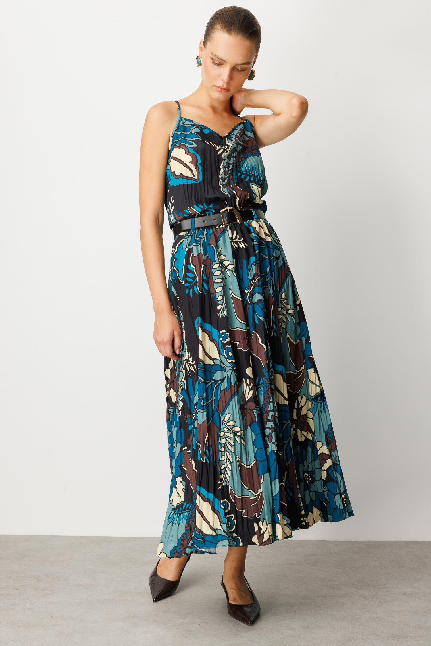 Beli Lastikli Kendinden Desenli Uzun Etek-PETROL