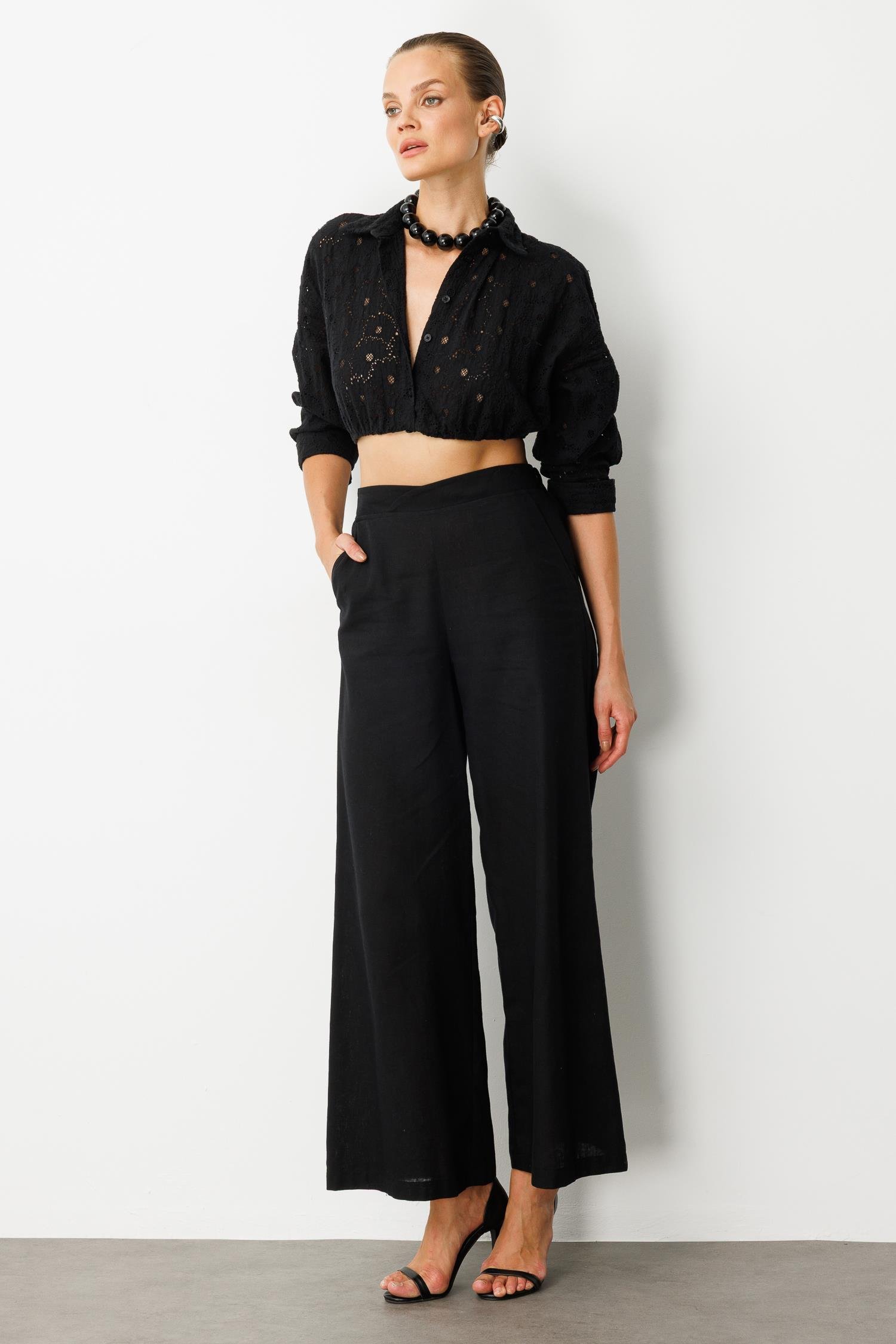 Beli Lastikli Keten Görünümlü Pantolon-SİYAH