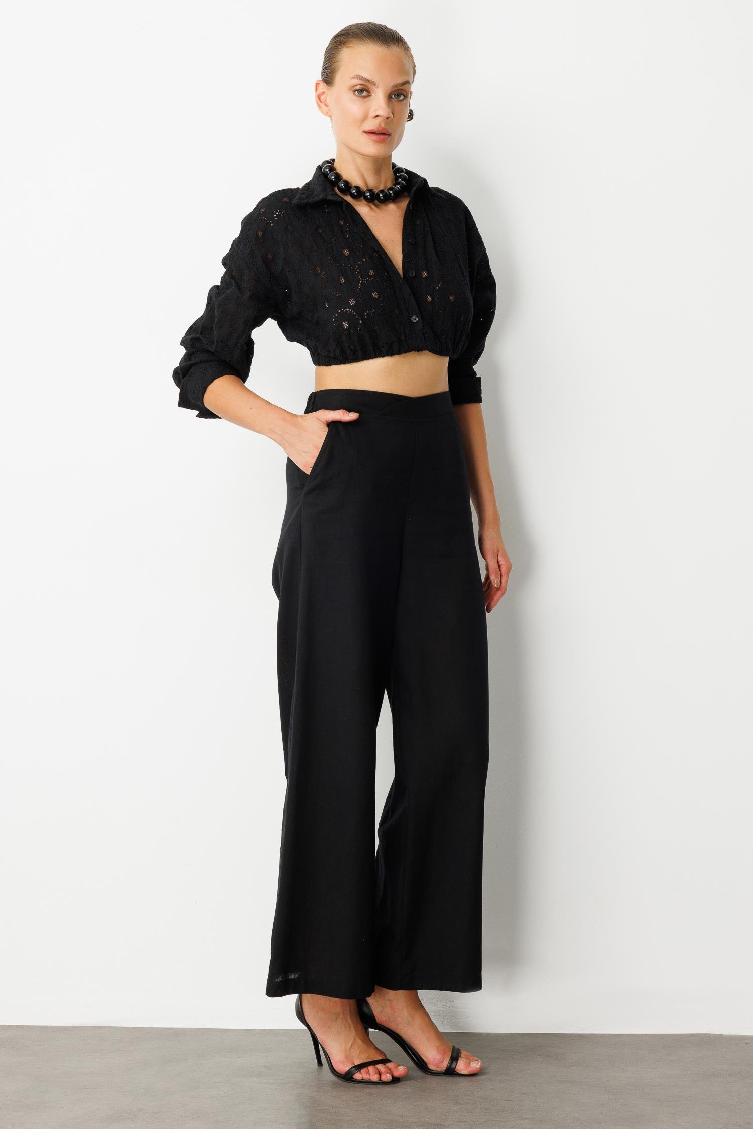 Beli Lastikli Keten Görünümlü Pantolon-SİYAH