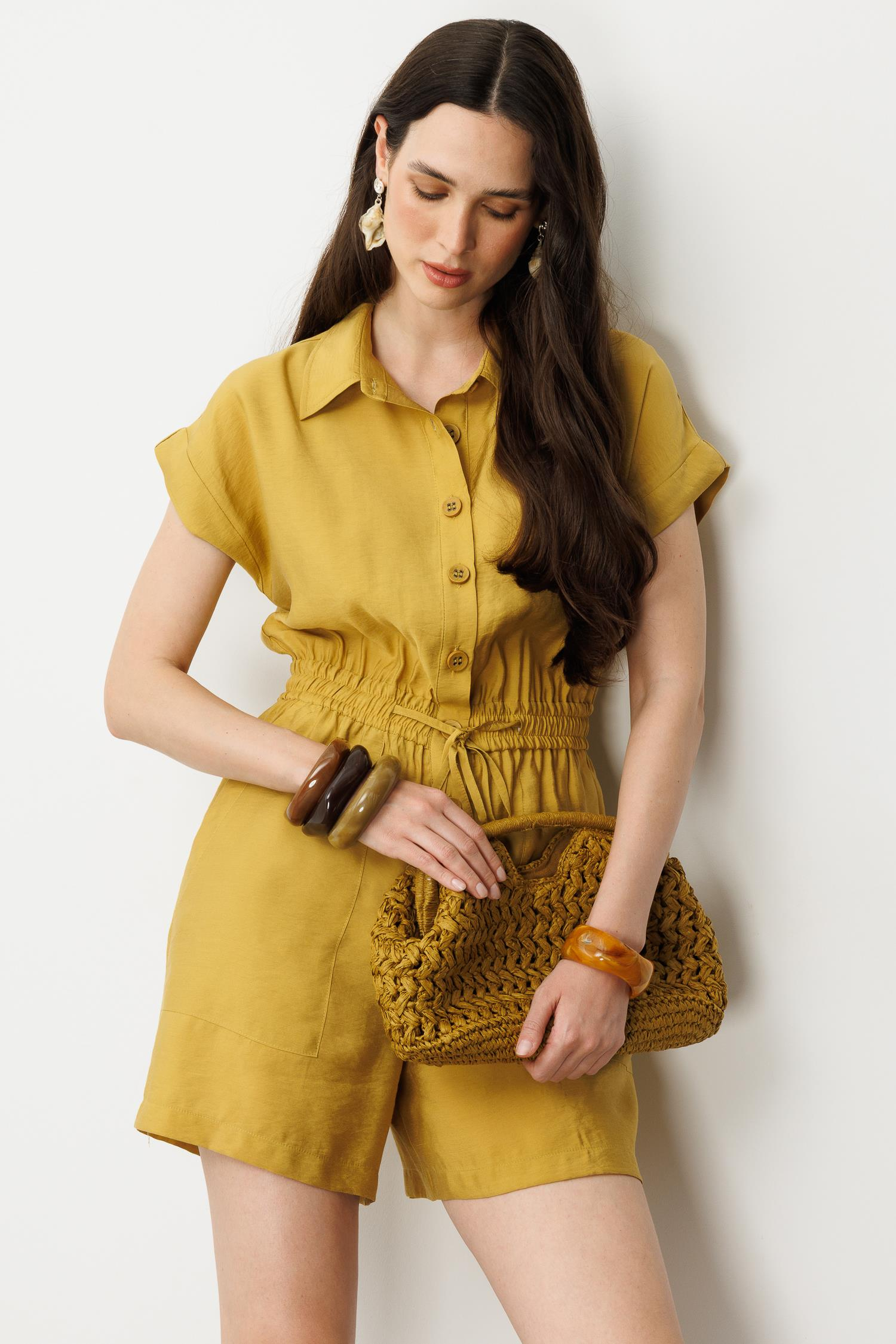 Beli Lastikli Kısa Tulum-SAFRAN