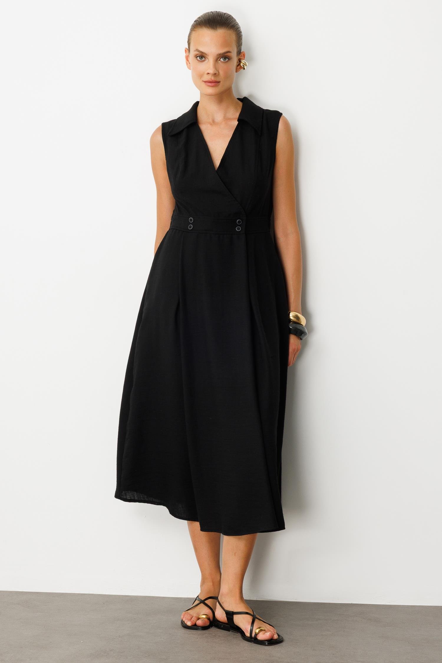 Beli Lastikli Kruvaze Yaka Elbise-SİYAH