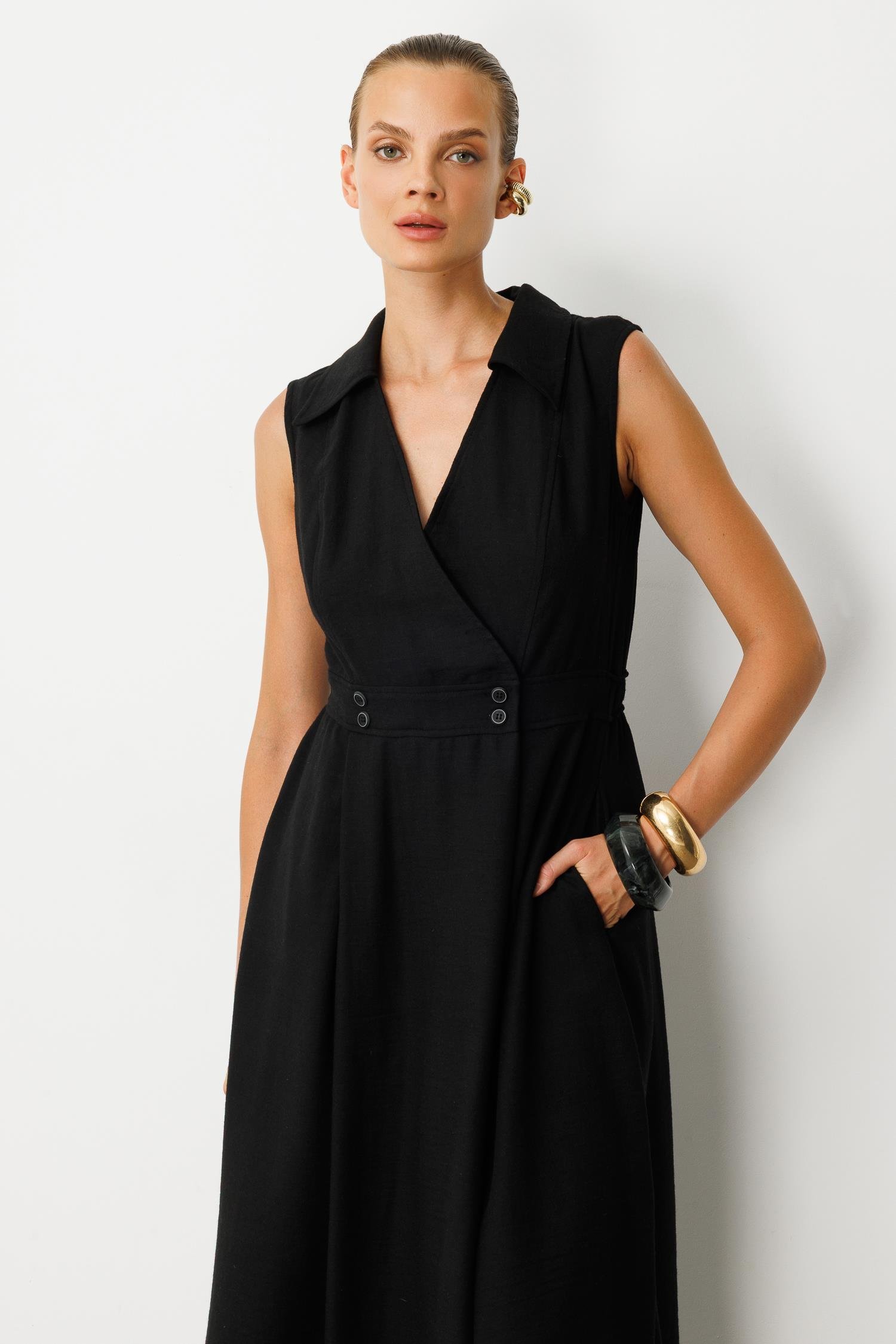 Beli Lastikli Kruvaze Yaka Elbise-SİYAH