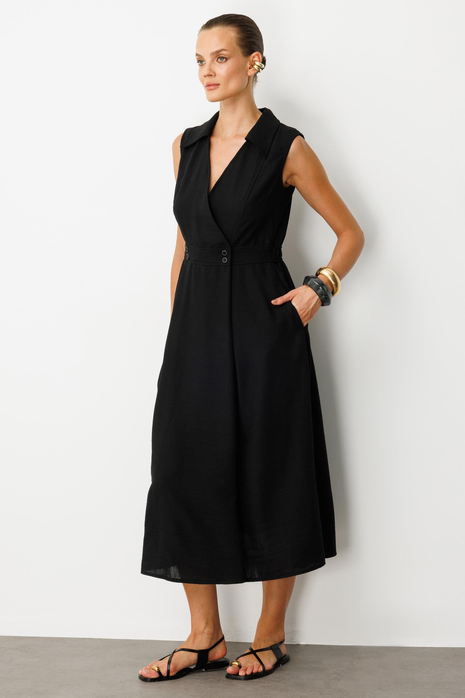 Beli Lastikli Kruvaze Yaka Elbise-SİYAH