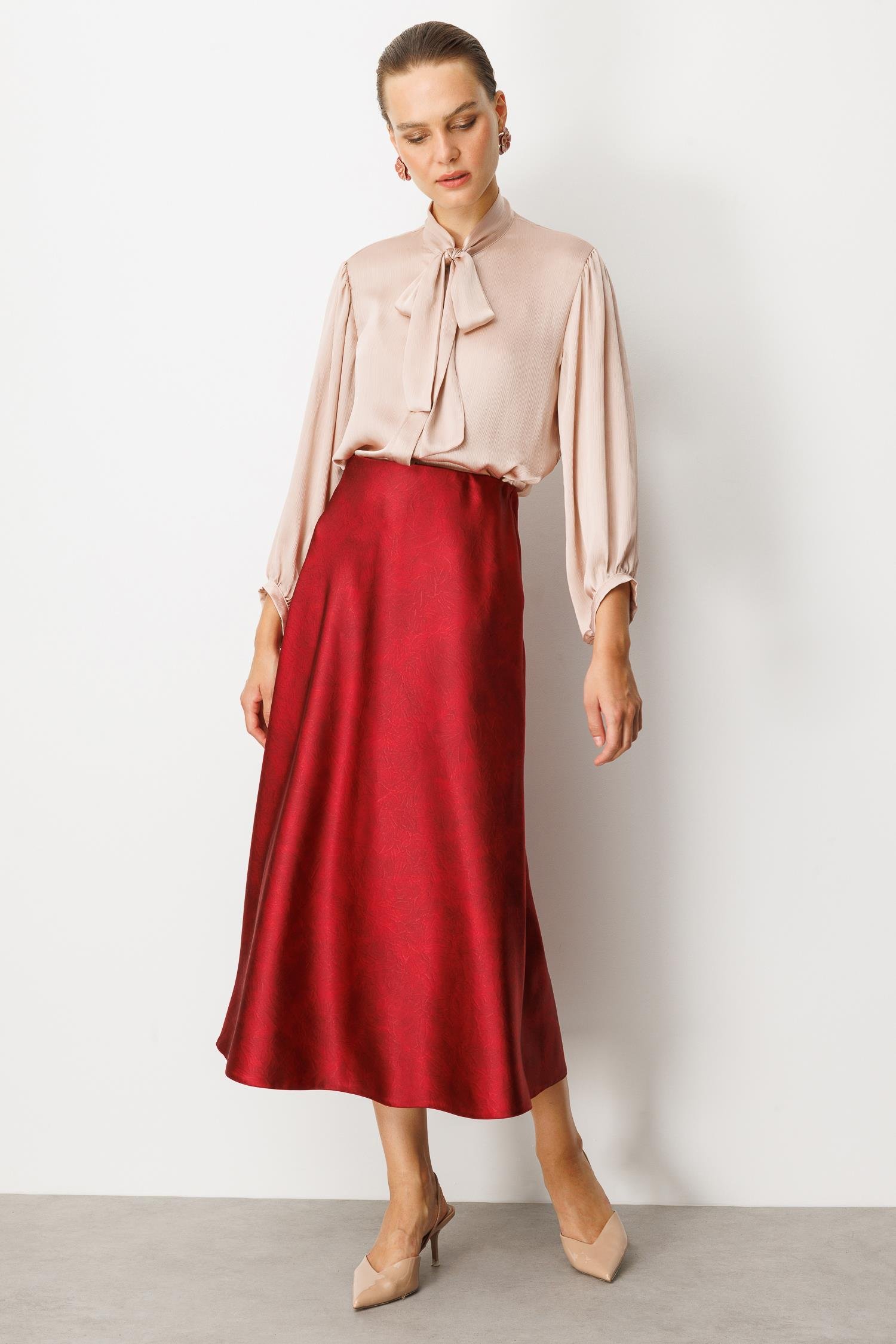 Beli Lastikli Saten Görünüm Etek-BORDO