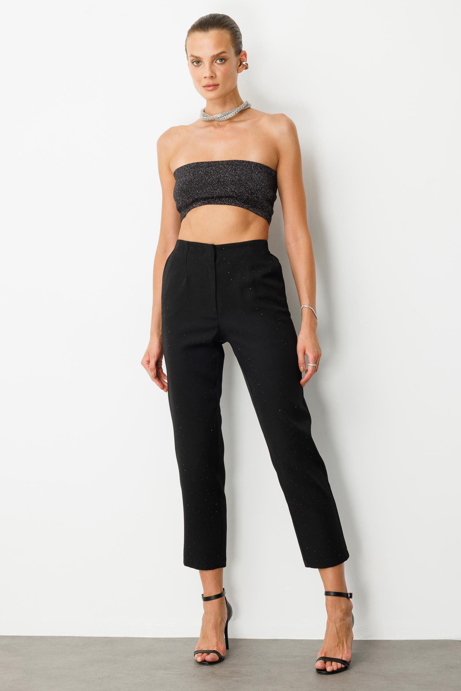 Beli Lastikli Taşlı Pantolon-SİYAH