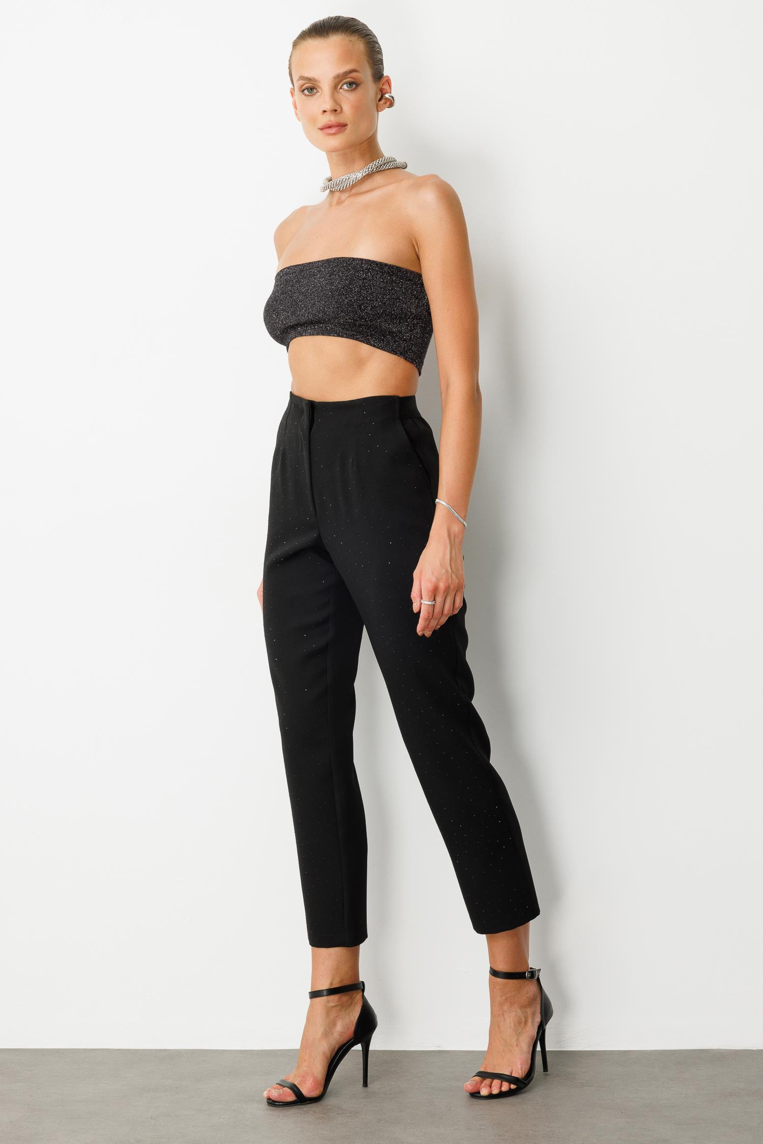 Beli Lastikli Taşlı Pantolon-SİYAH