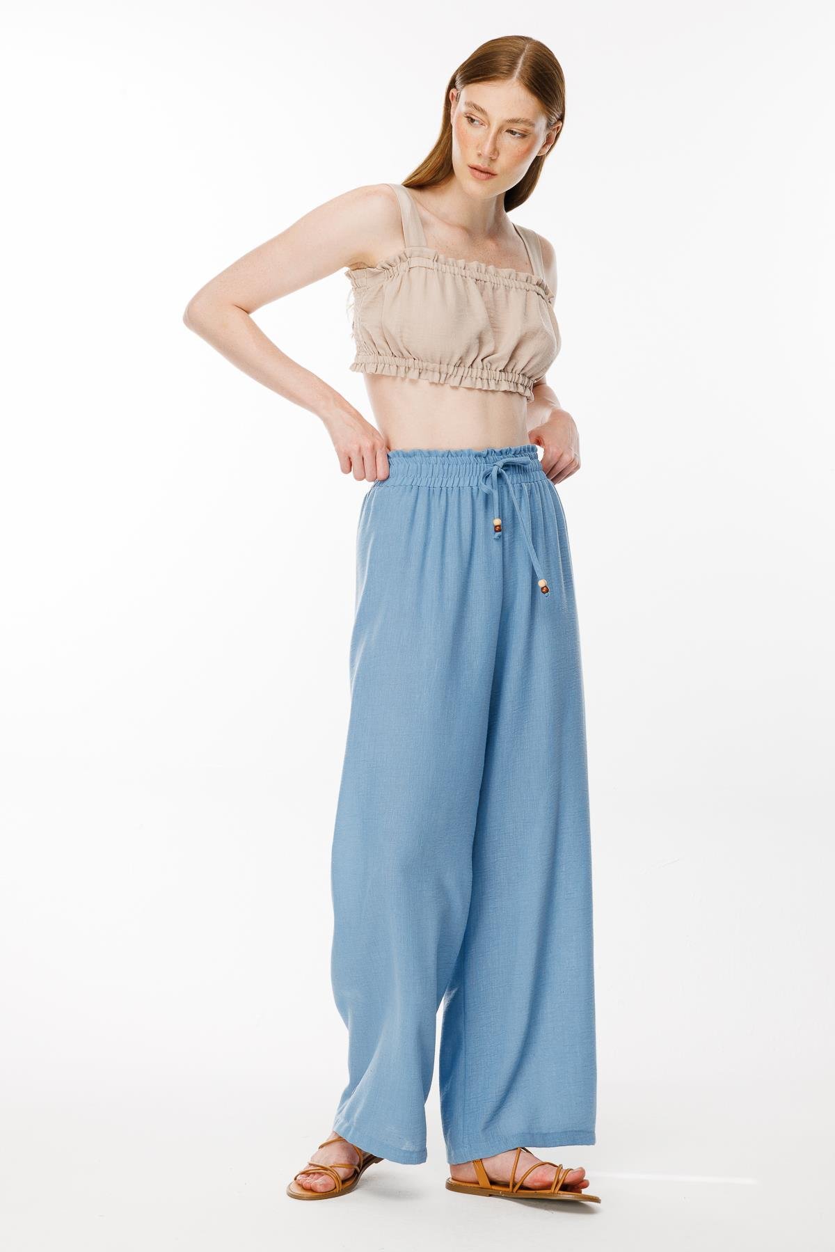 Beli Lastikli ve Geniş Paça Keten Pantolon - MAVİ