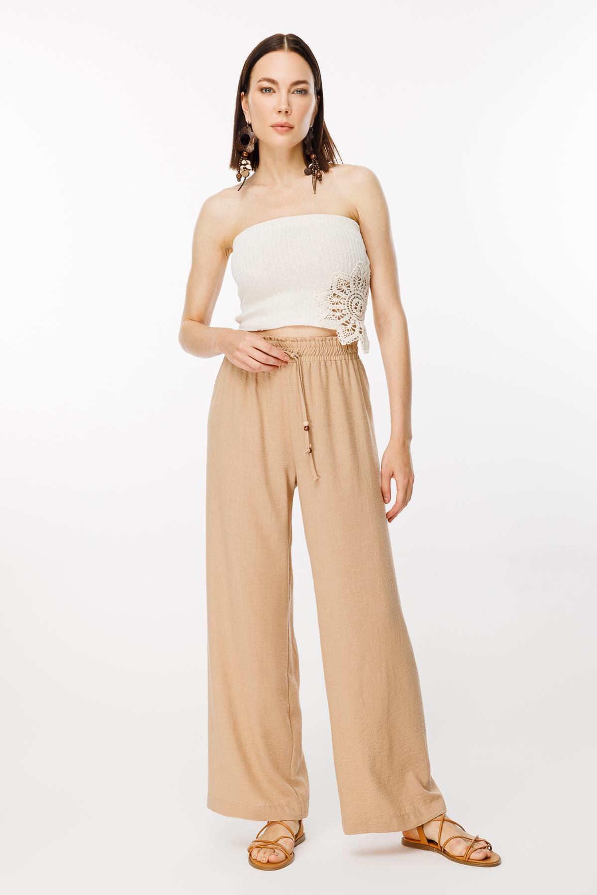 Beli Lastikli ve Geniş Paça Keten Pantolon - CAMEL