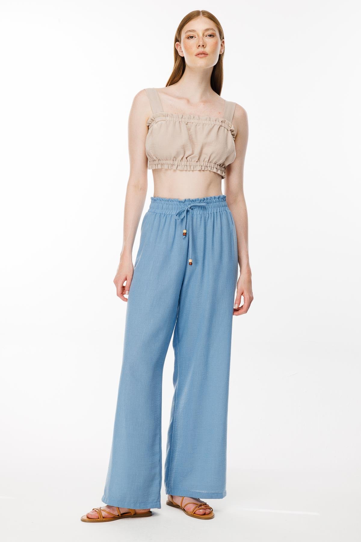 Beli Lastikli ve Geniş Paça Keten Pantolon - MAVİ