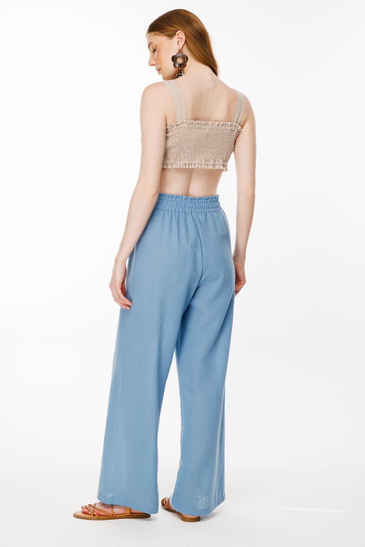 Beli Lastikli ve Geniş Paça Keten Pantolon - MAVİ