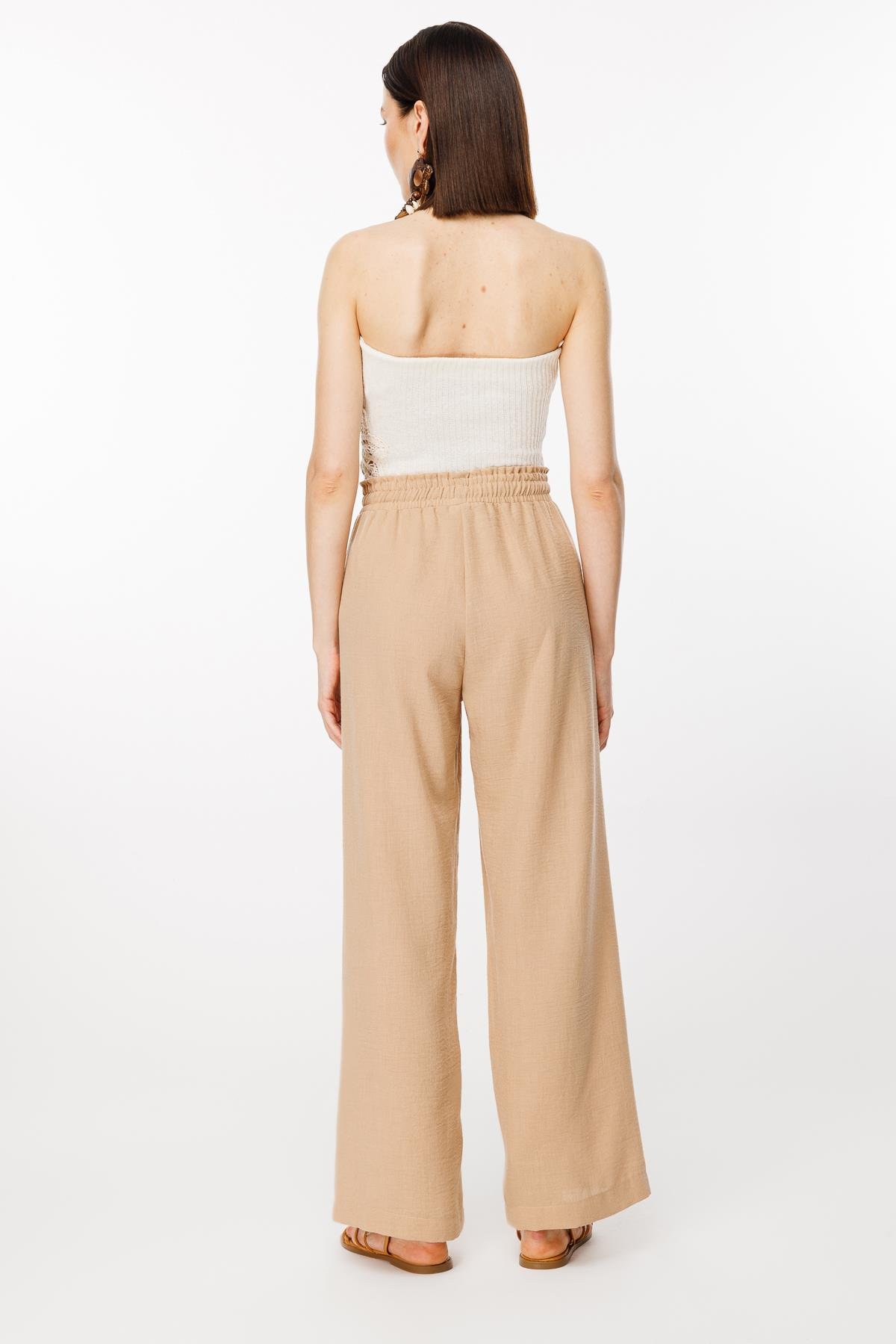 Beli Lastikli ve Geniş Paça Keten Pantolon - CAMEL