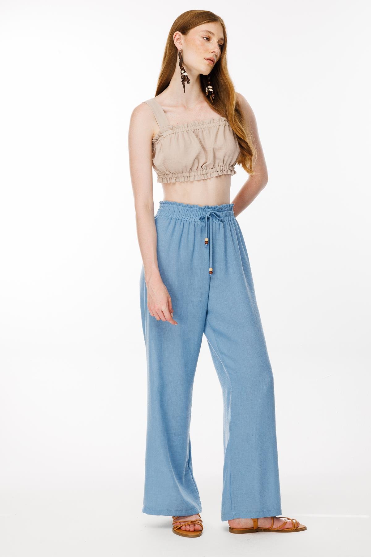 Beli Lastikli ve Geniş Paça Keten Pantolon - MAVİ