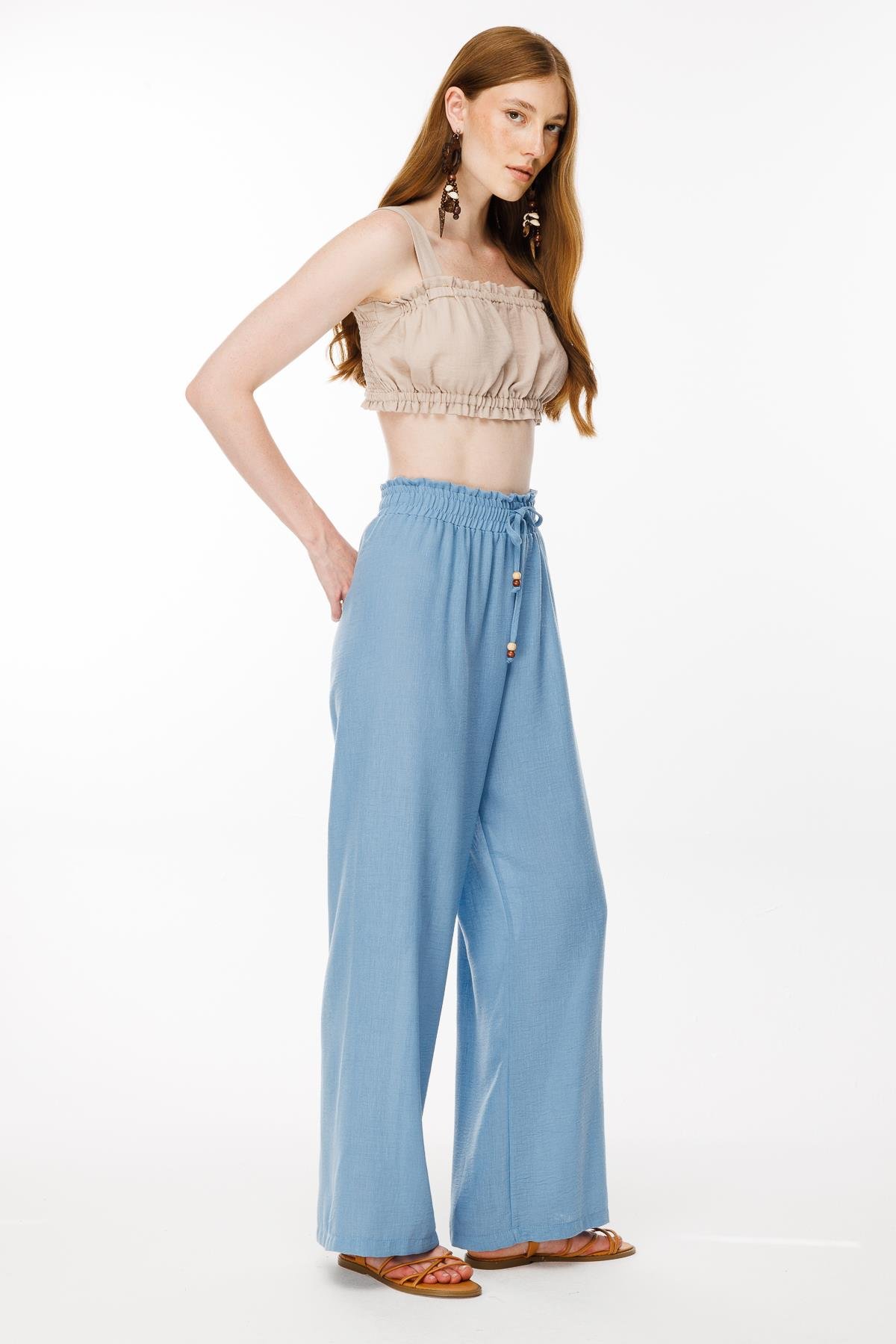Beli Lastikli ve Geniş Paça Keten Pantolon - MAVİ