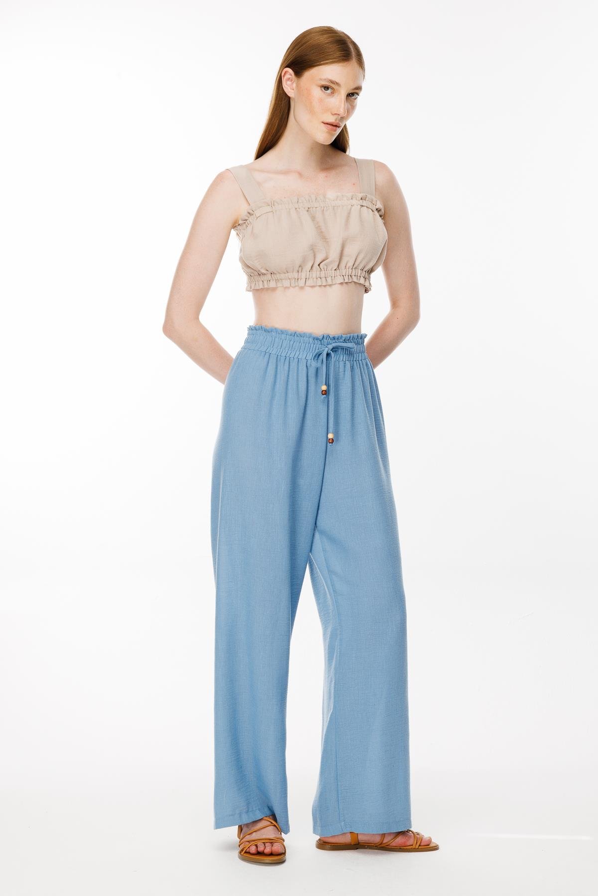 Beli Lastikli ve Geniş Paça Keten Pantolon - MAVİ