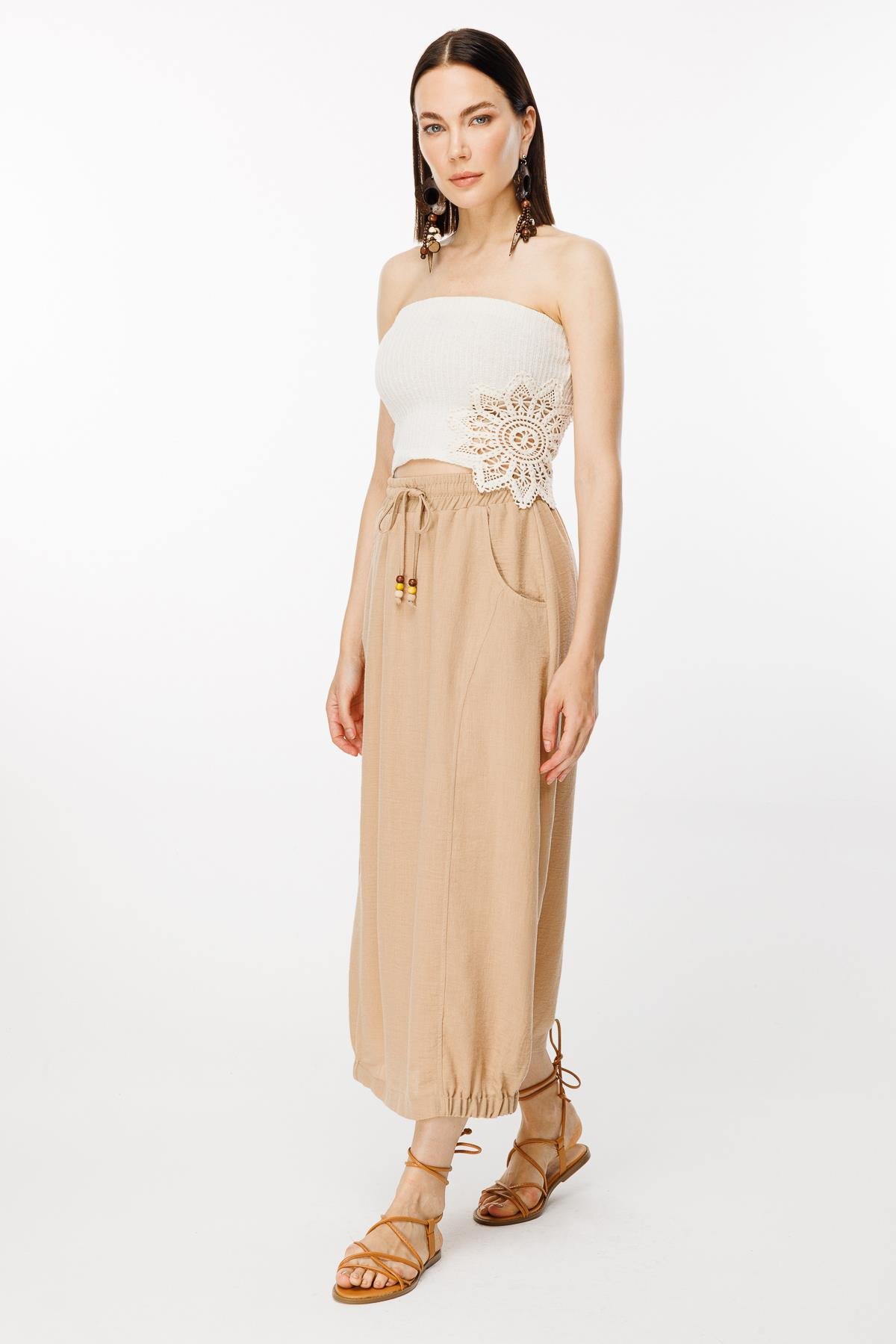 Beli ve Eteği Lastik Detaylı Keten Etek - CAMEL
