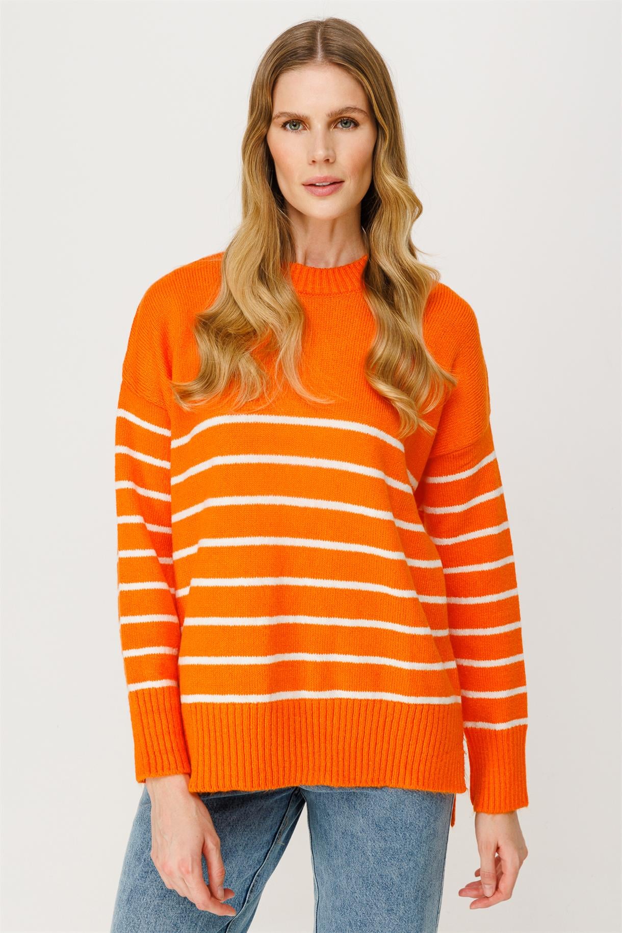Bisiklet Yaka Çizgili Triko Kazak - ORANJE