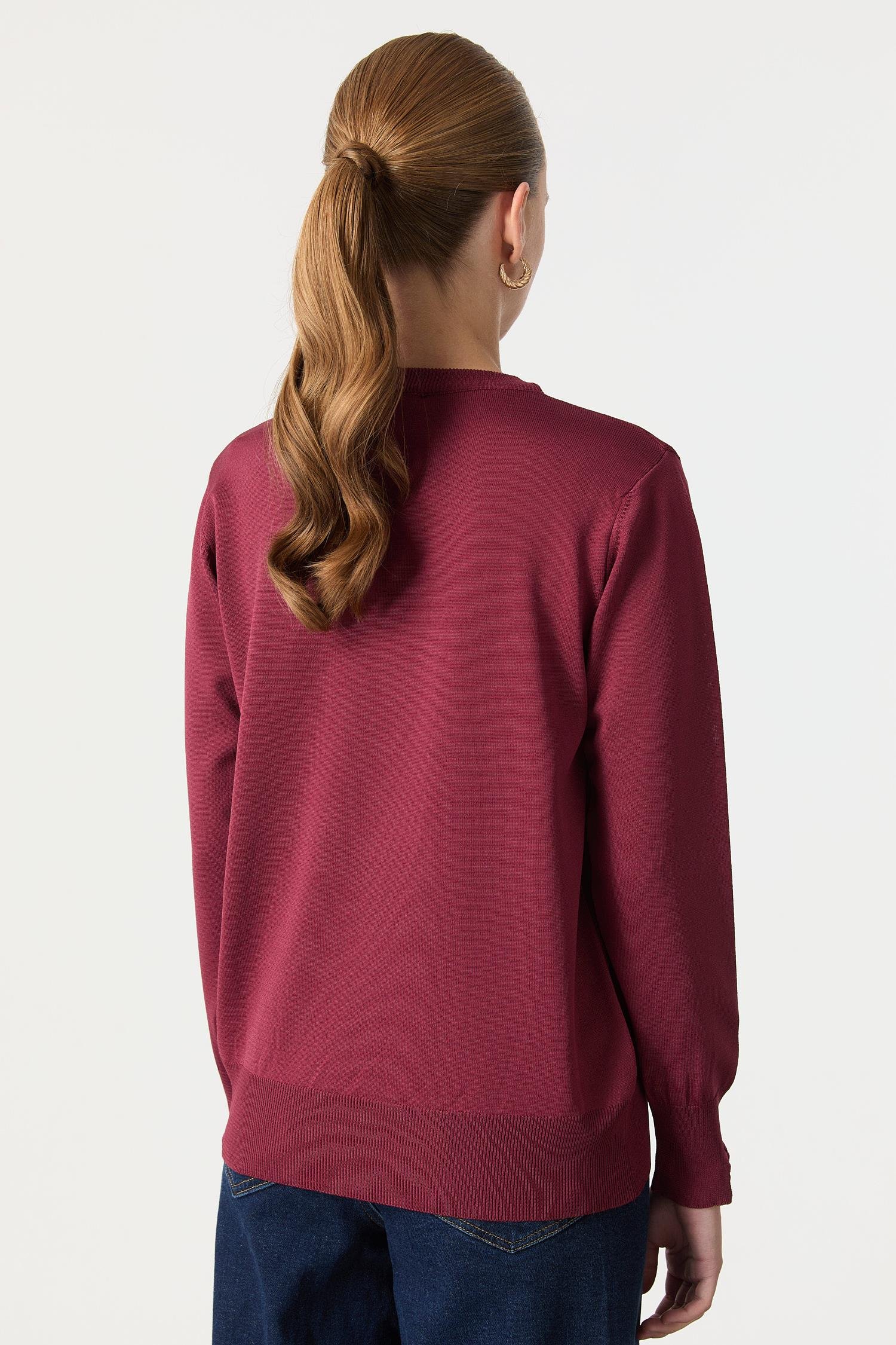 Biye Detaylı Basic Triko Kazak-BORDO