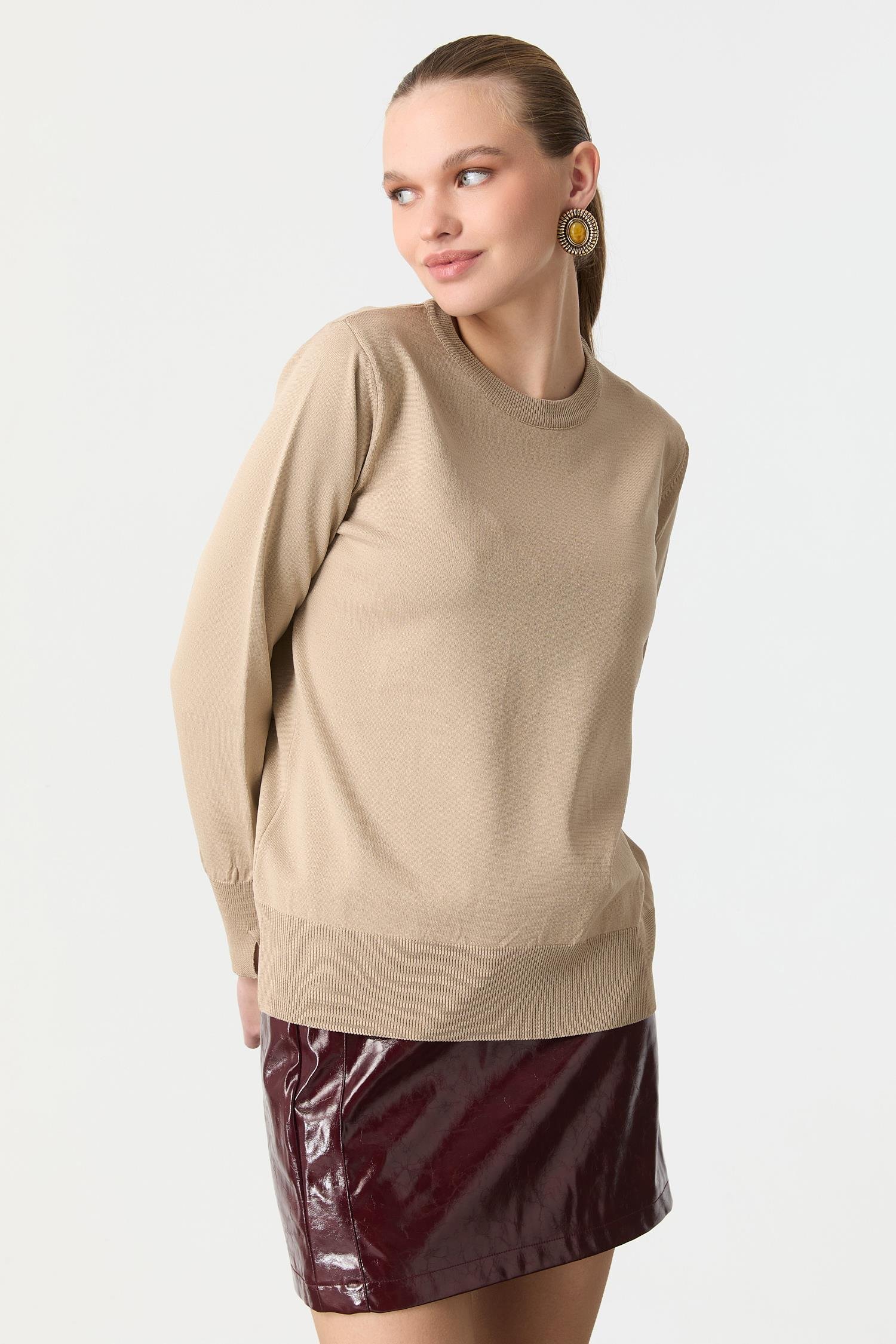 Biye Detaylı Basic Triko Kazak-TAŞ