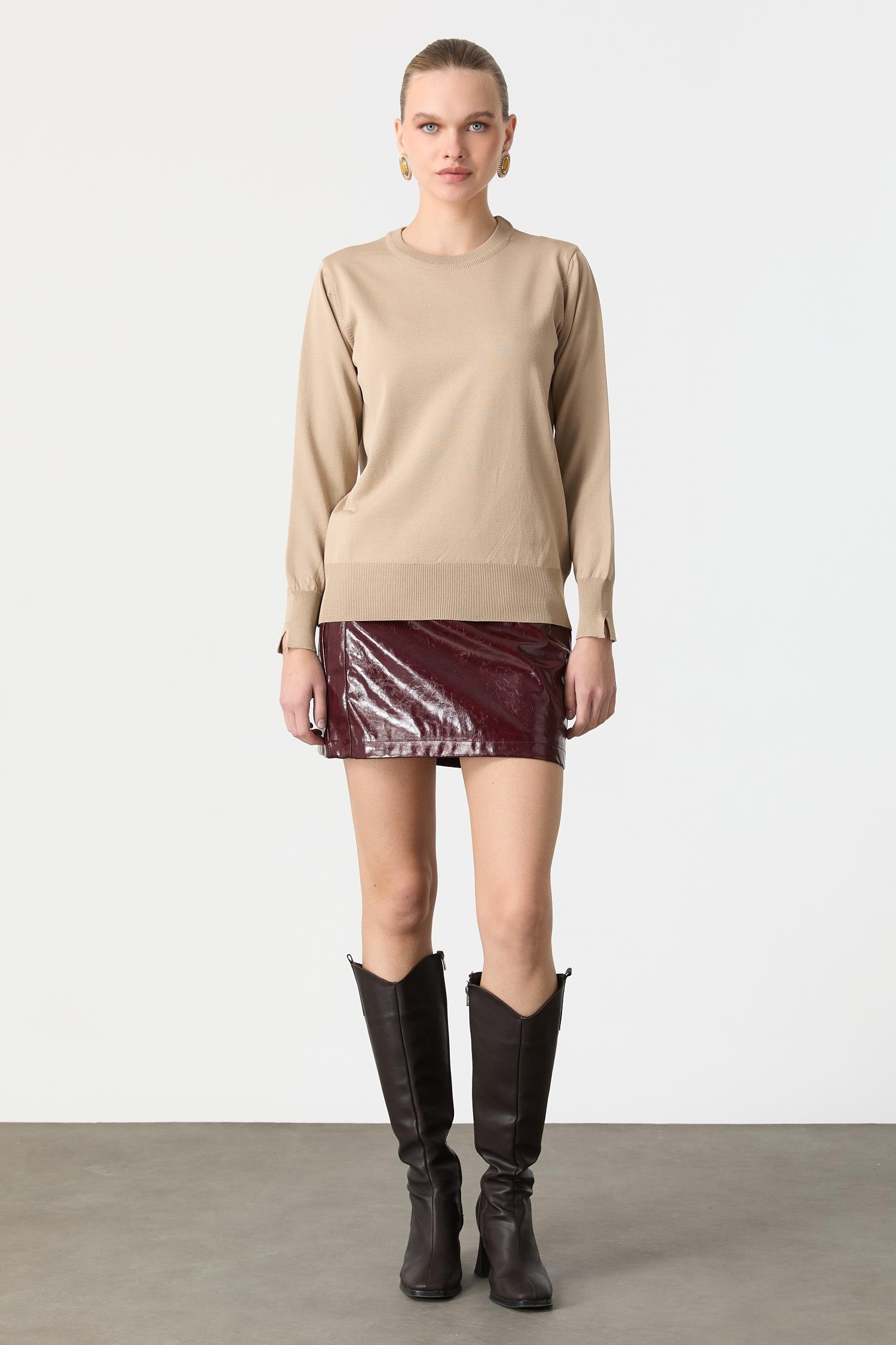 Biye Detaylı Basic Triko Kazak-TAŞ