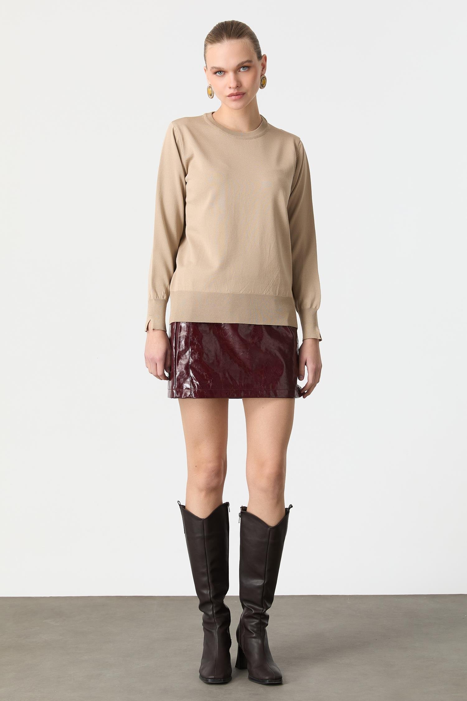 Biye Detaylı Basic Triko Kazak-TAŞ