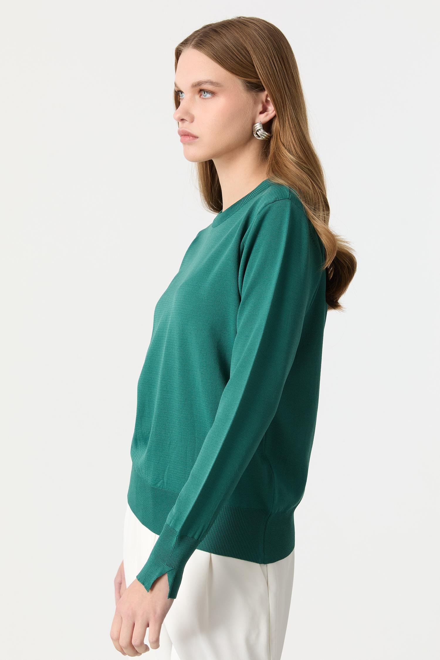 Biye Detaylı Basic Triko Kazak-ZÜMRÜT