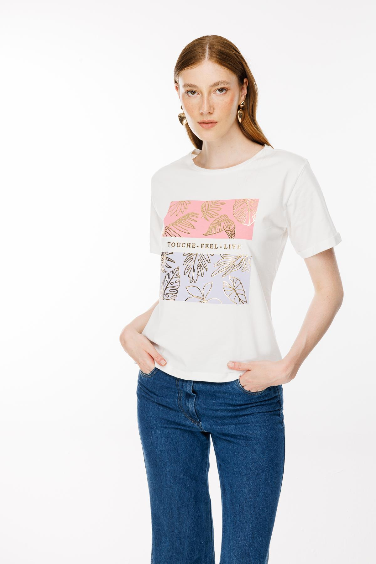 Bloklu Baskı Desen Tişört - EKRU