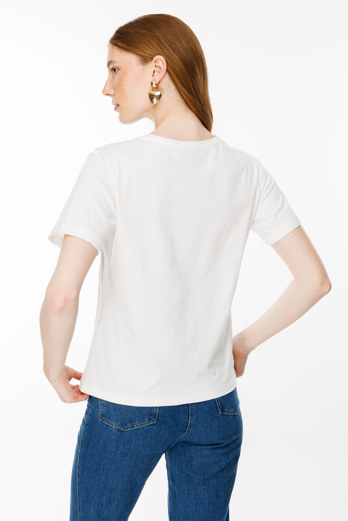 Bloklu Baskı Desen Tişört - EKRU