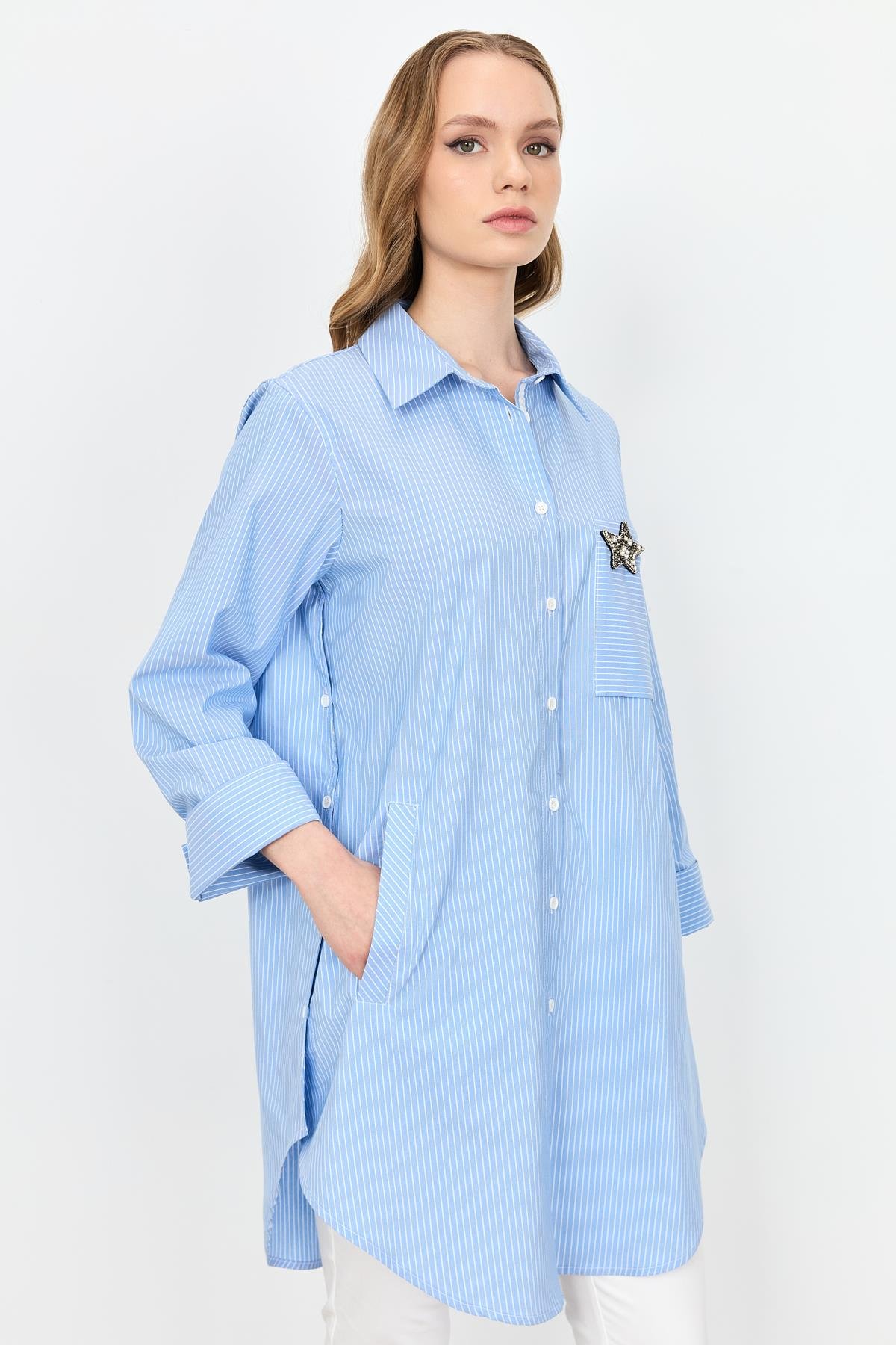 Broş Detay Çizgili Tunik Gömlek-MAVİ