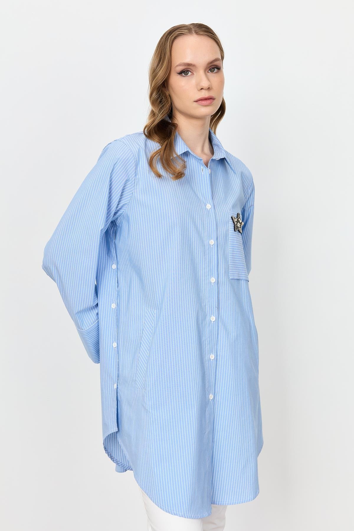 Broş Detay Çizgili Tunik Gömlek-MAVİ